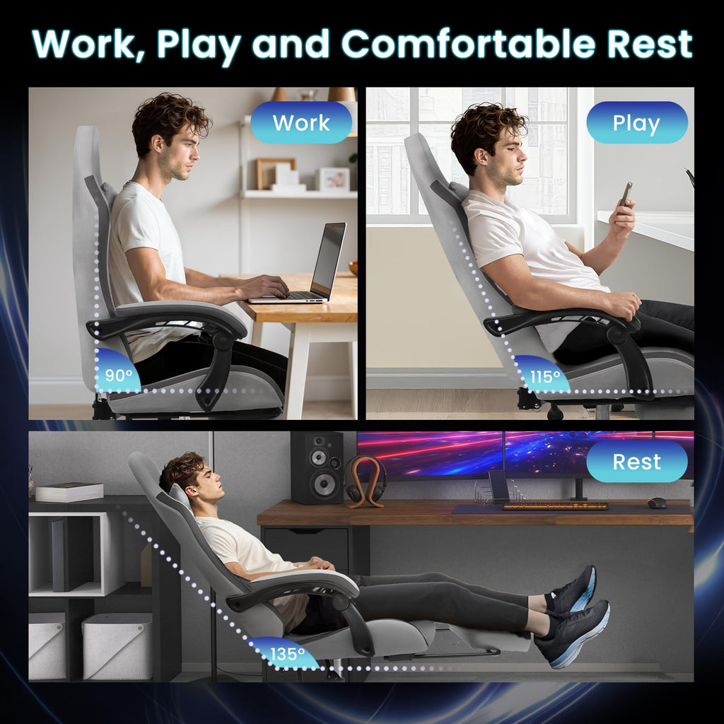 Gaming Chair with Footrest Lumbar Support for Home Office High Back Recliner Height Adjustable Ergonomic Comfy Fabric Computer Desk Chair (Grey)