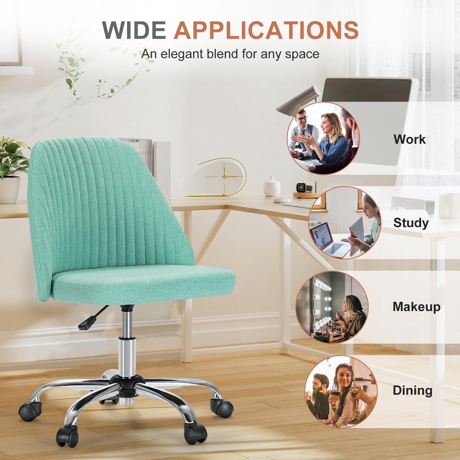 Office Chair, Comfy Desk Chair Rolling Vanity Swivel Task Chairs with Wheels, Wide Seating Armless Height Adjustable Computer Chairs for Home,Bedroom,Student,Adults, Green