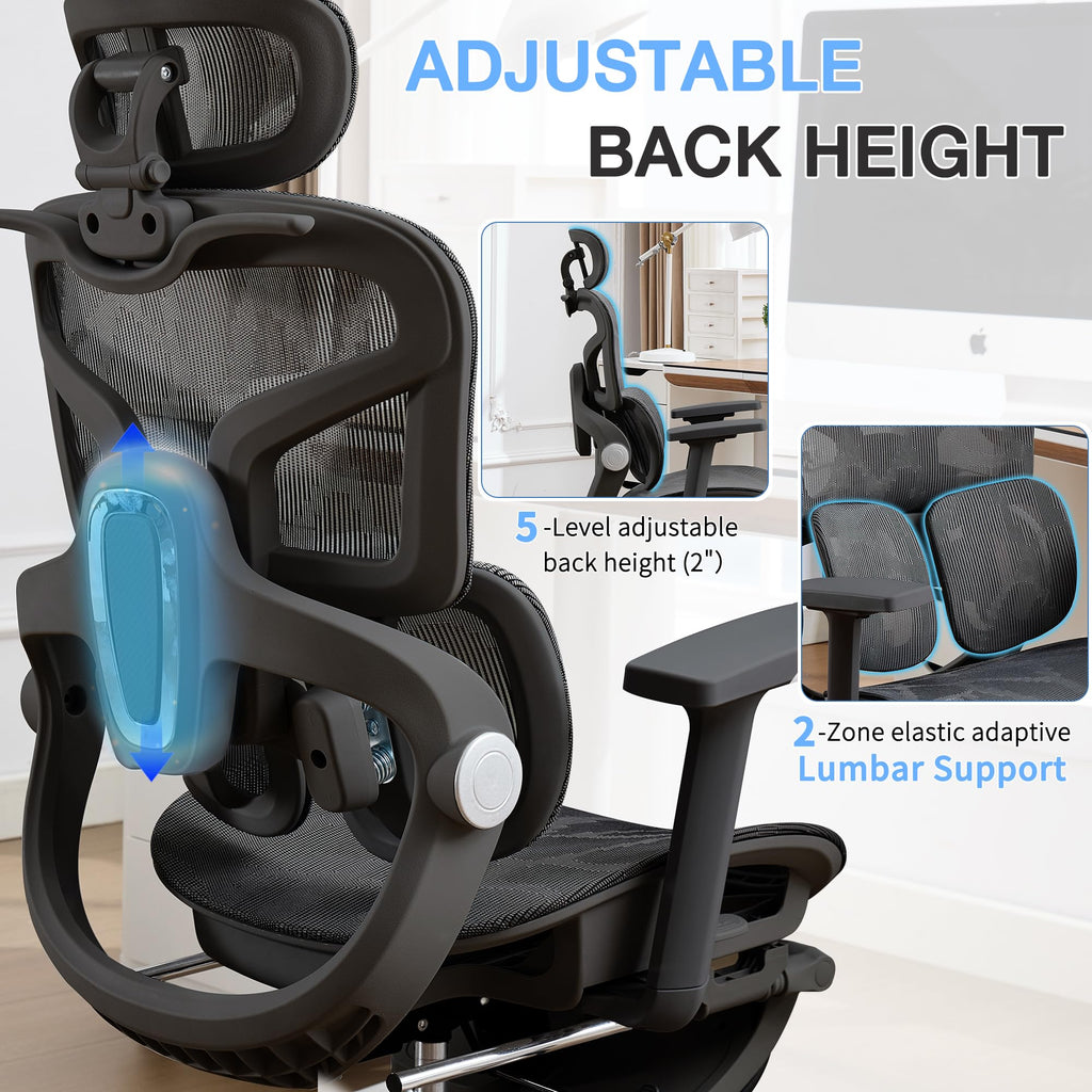 Ergonomic Mesh Office Chair with 2-Zone Lumbar Support and Footrest,Black