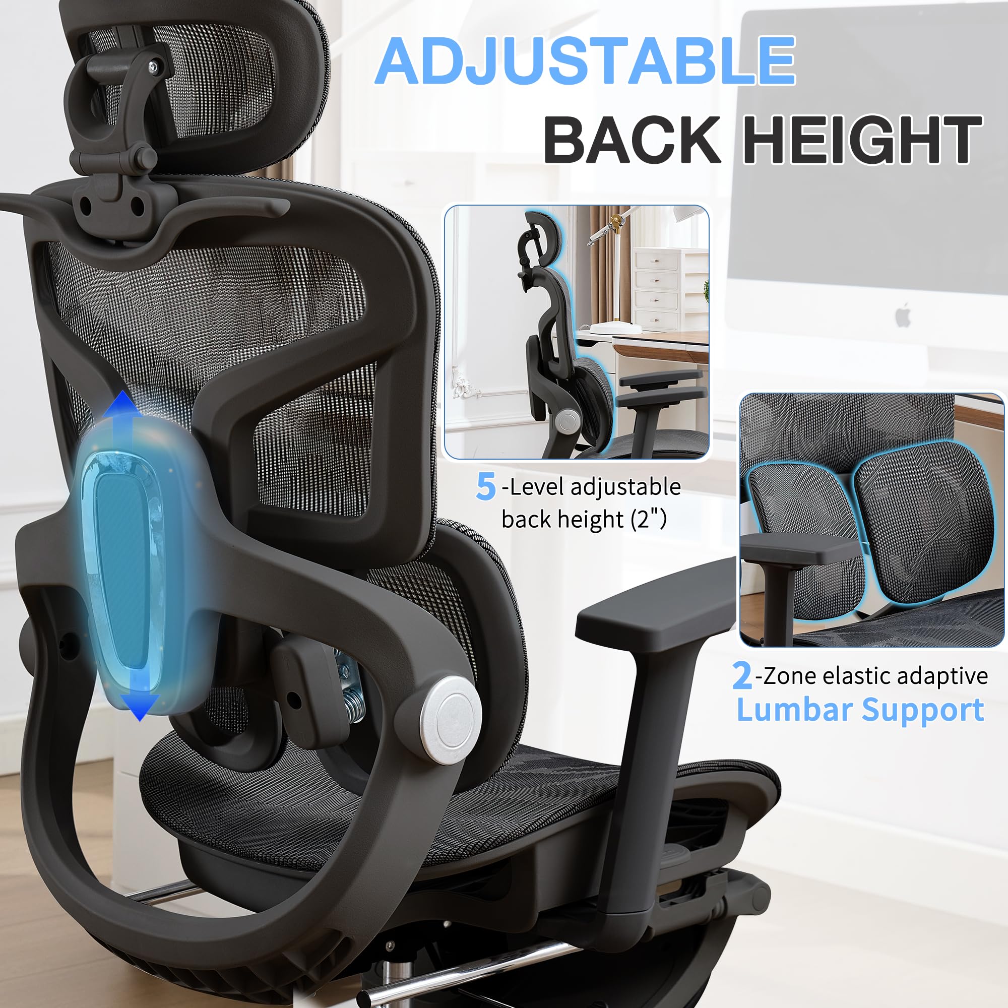 Ergonomic Mesh Office Chair with 2-Zone Lumbar Support and Footrest,Black