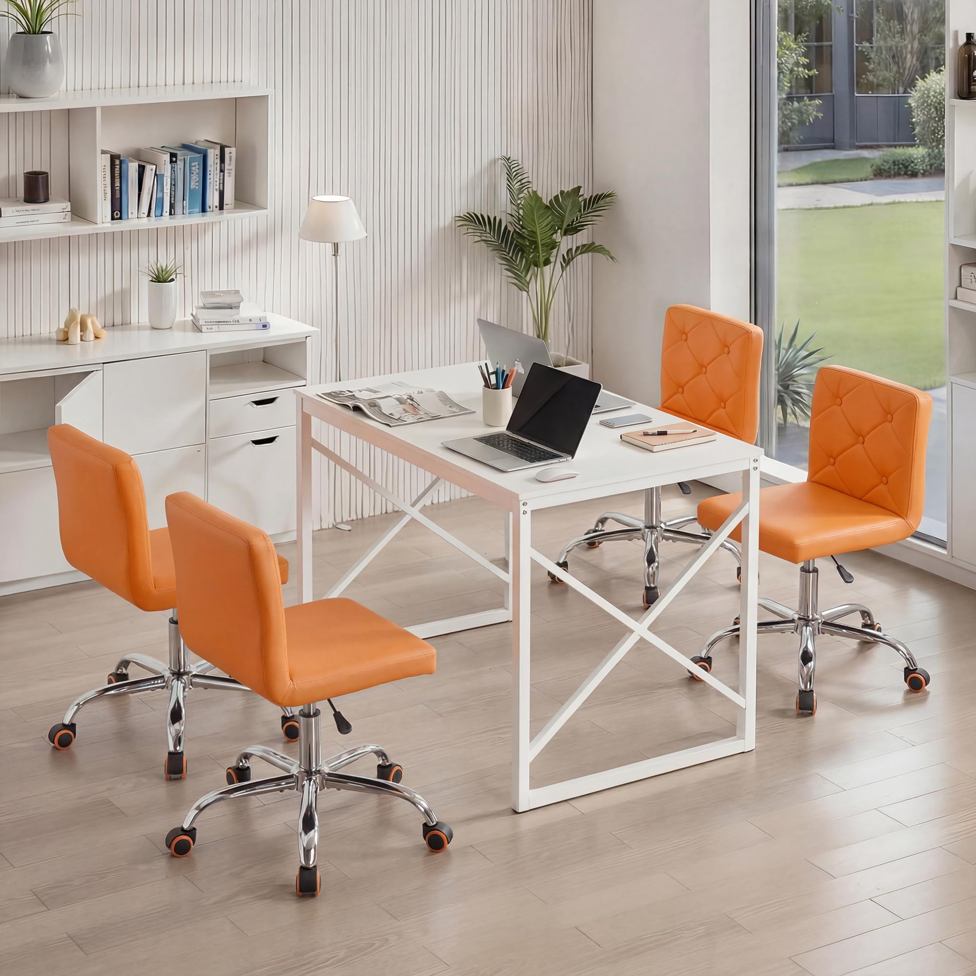 PU Leather Mid-Back Armless Vanity Chair Adjustable Height 360° Rolling Swivel for Office Work