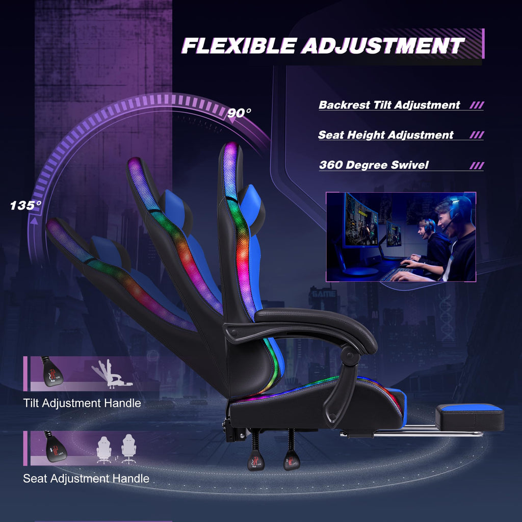 Gaming Chair, Video Game Chair with Footrest and Massage Lumbar Support, Ergonomic Computer Chair Height Adjustable with Swivel Seat and Headrest (RGB Blue)
