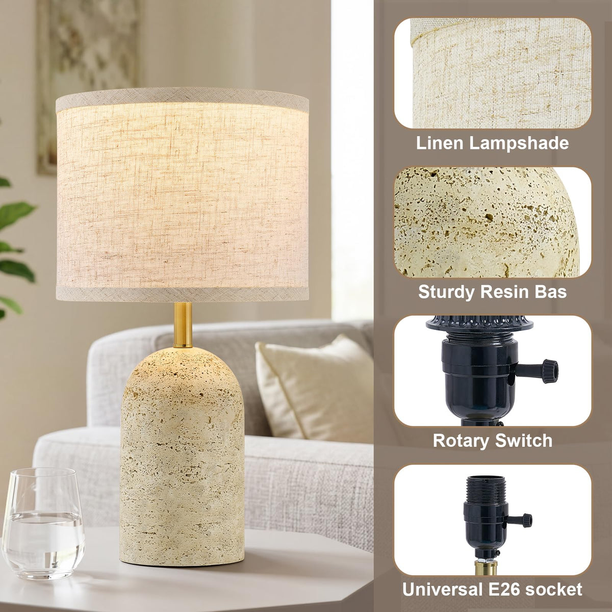 Table Lamps Set of 2, Resin Bedside Lamps for Living Room Bedroom