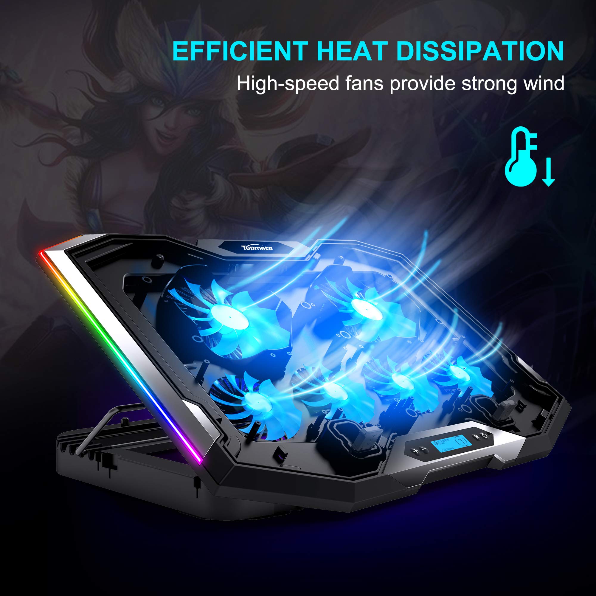 Laptop Cooling Pad RGB Notebook Cooler, Laptop Fan Stand Adjustable Height with 6 Quiet Fans and Phone Holder, Computer Chill Mat, for 15.6-17.3 Inch Laptops - Blue LED Light