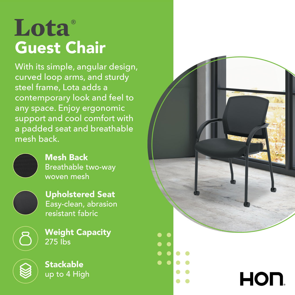 Mesh Office Chair with Arms and Casters, Guest and Conference Desk Chair for Reception Areas, Waiting Rooms, and Offices, Fabric Seat, Stackable Design, Black
