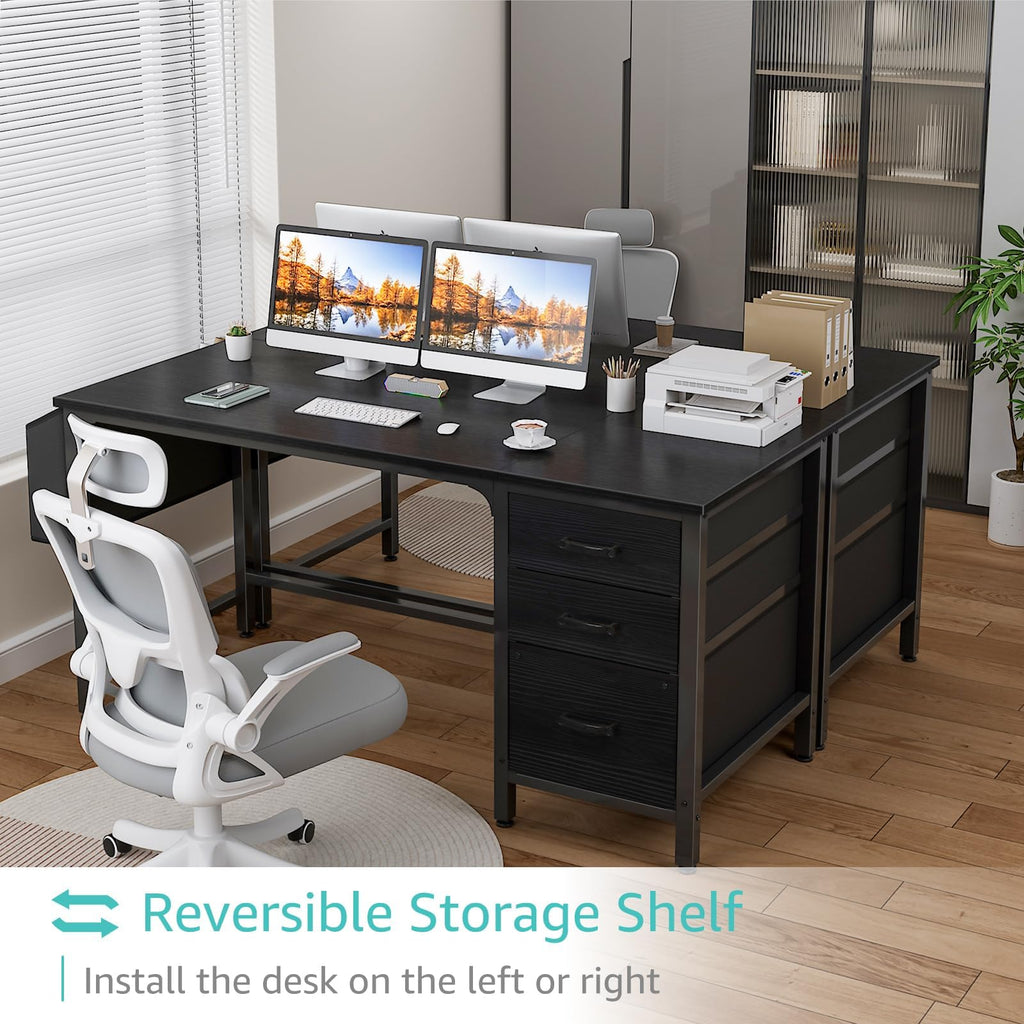 Computer Desk with Fabric File Drawers Cabinet, 55 Inch Reversible Home Office Desks with Filing Cabinet, Study Writing Table PC Desks with Storage for Bedroom, Black