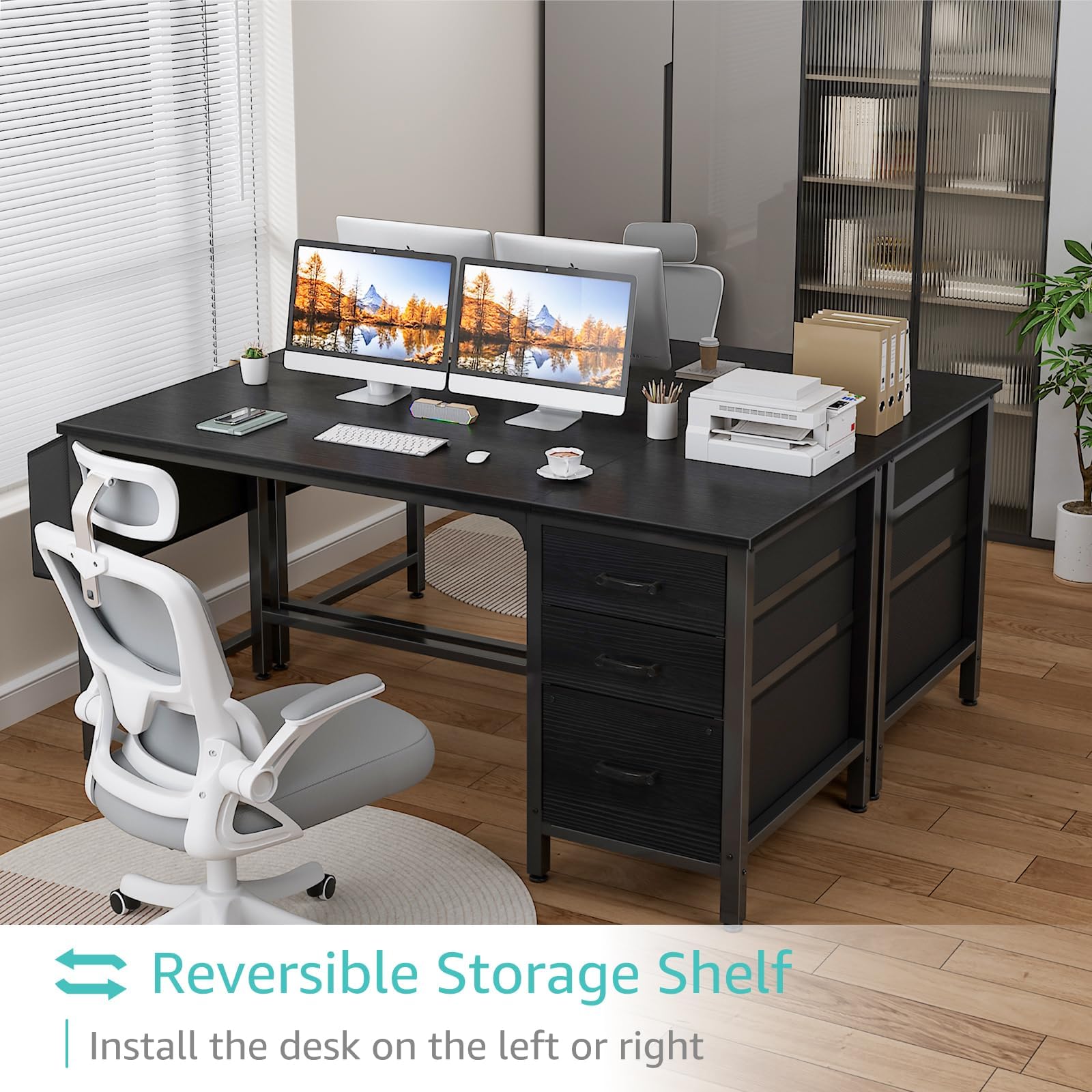 Computer Desk with Fabric File Drawers Cabinet, 55 Inch Reversible Home Office Desks with Filing Cabinet, Study Writing Table PC Desks with Storage for Bedroom, Black