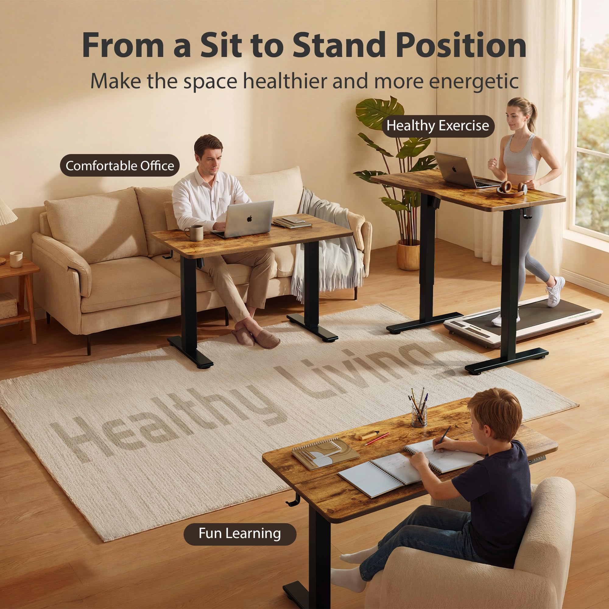 Standing Desk, 55x28 Inches Sit Stand Home Office Desk, Electric Stand up Desk, Adjustable Desk with Splice Board, Black Frame/Rustic Brown Top