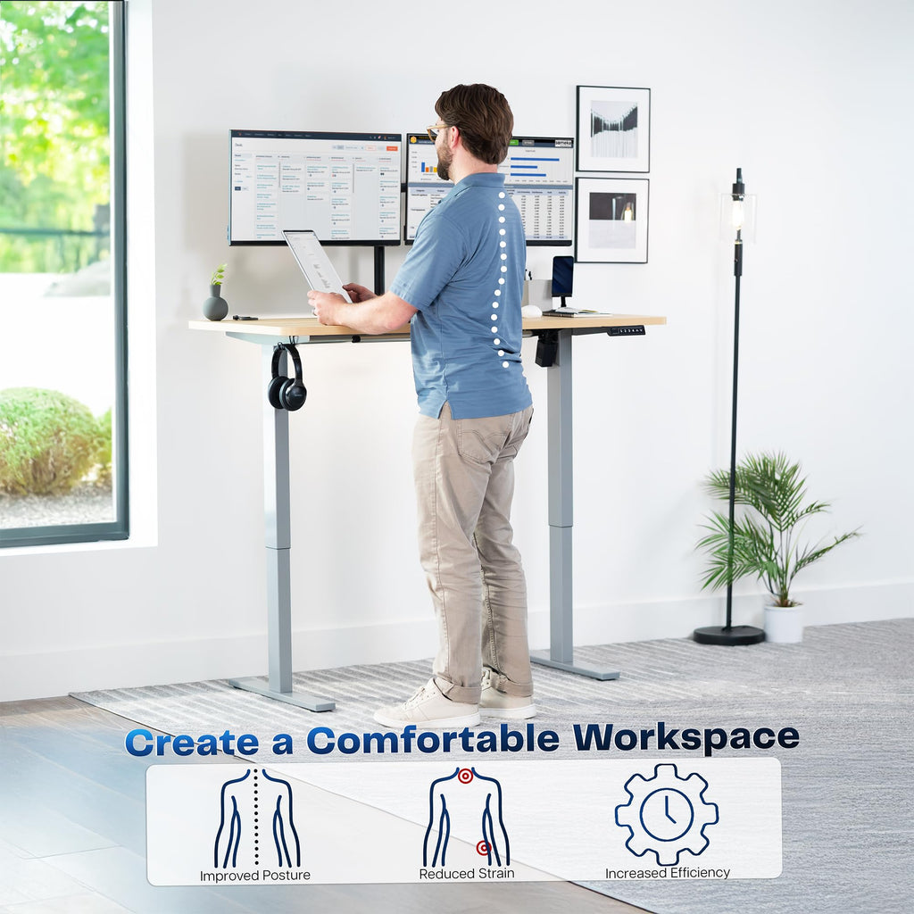 Electric 55 x 28 in Standing Desk, Memory Height Adjustment, 1B Series, Holds 220 lbs, One-Piece Light Wood Top, Gray Frame