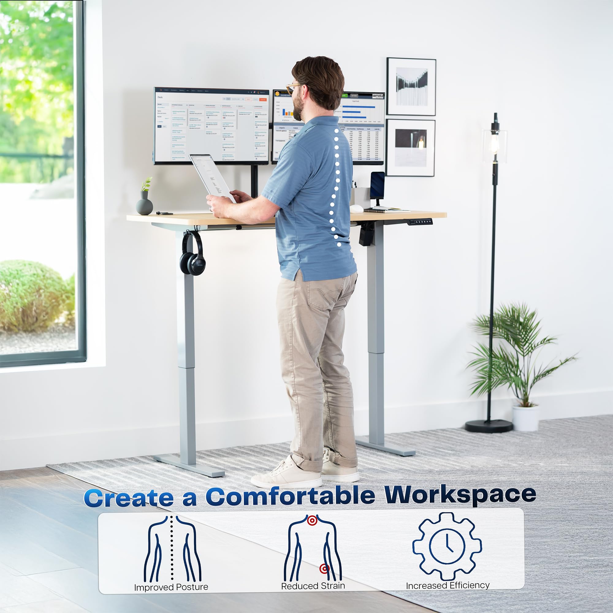 Electric 55 x 28 in Standing Desk, Memory Height Adjustment, 1B Series, Holds 220 lbs, One-Piece Light Wood Top, Gray Frame
