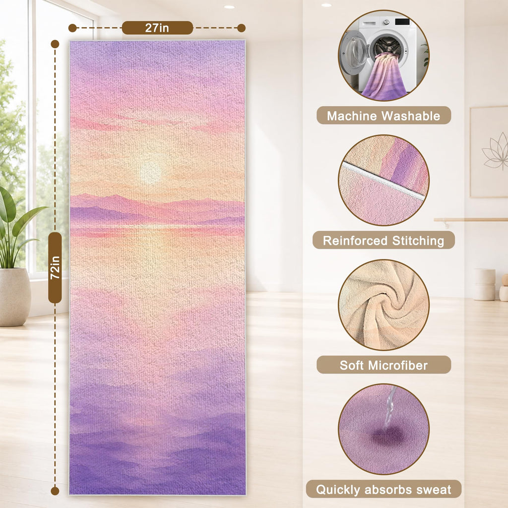 Yoga Mat Towel, Hot Yoga Towel High-Definition Pattern, Machine Washable with Ultra-Absorbent Yoga Towels for Hot Yoga Non Slip for Fitness, Exercise, Pilates, 72 x 27 in, Purple Sunset