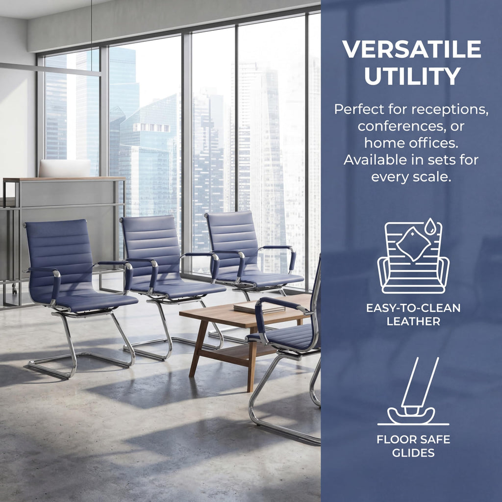 Conference Room Chairs Set of 4, Office Guest Chair with Armrests, Faux Leather Upholstery & Metal Sled Base, Comfortable Meeting Room Chairs for Office/Reception/Conference, Navy Blue