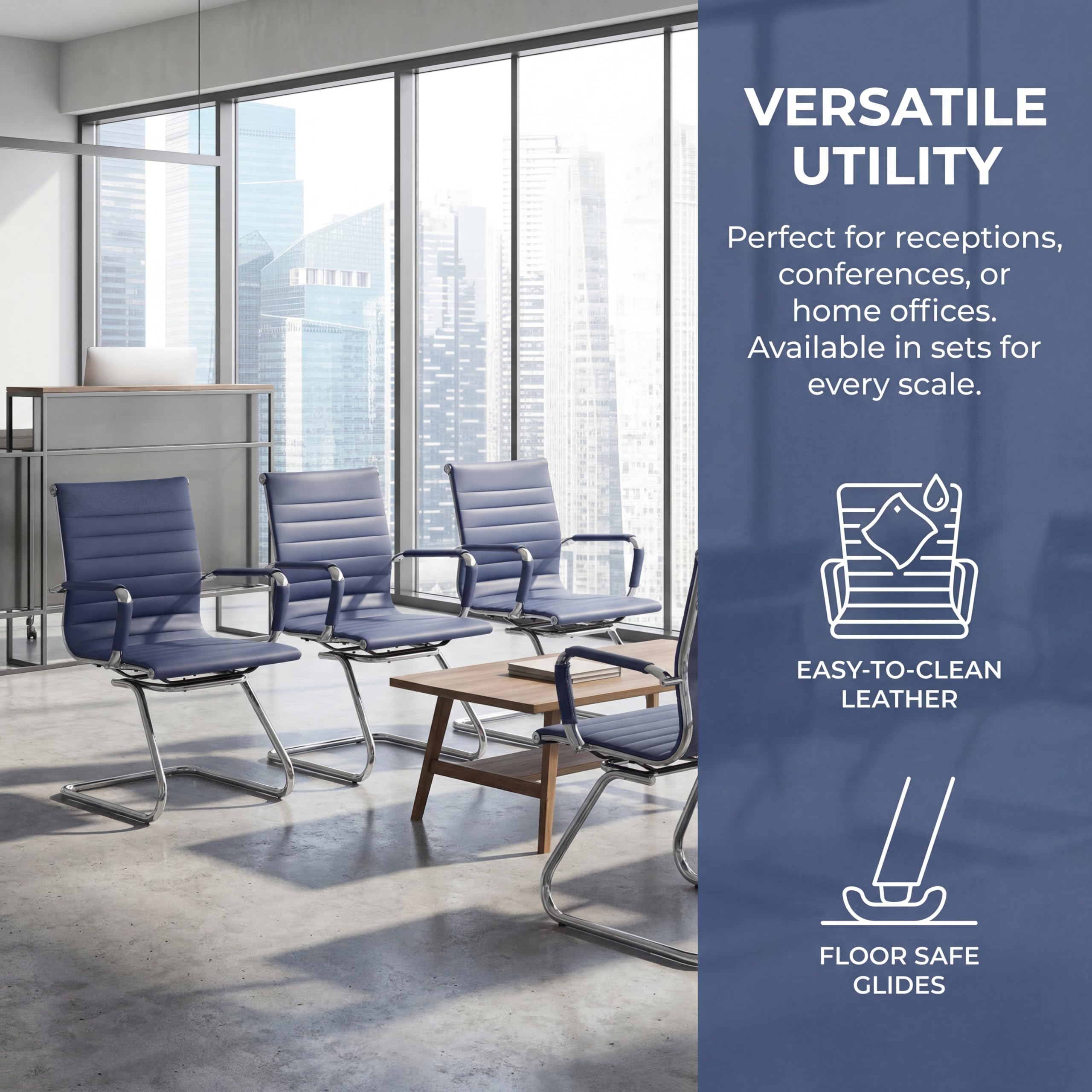 Office Desk Chair No Wheels Set of 6 PU Leather Computer Chairs Mid Back Guest Chairs for School Reception Conference Waiting Room, Navy Blue