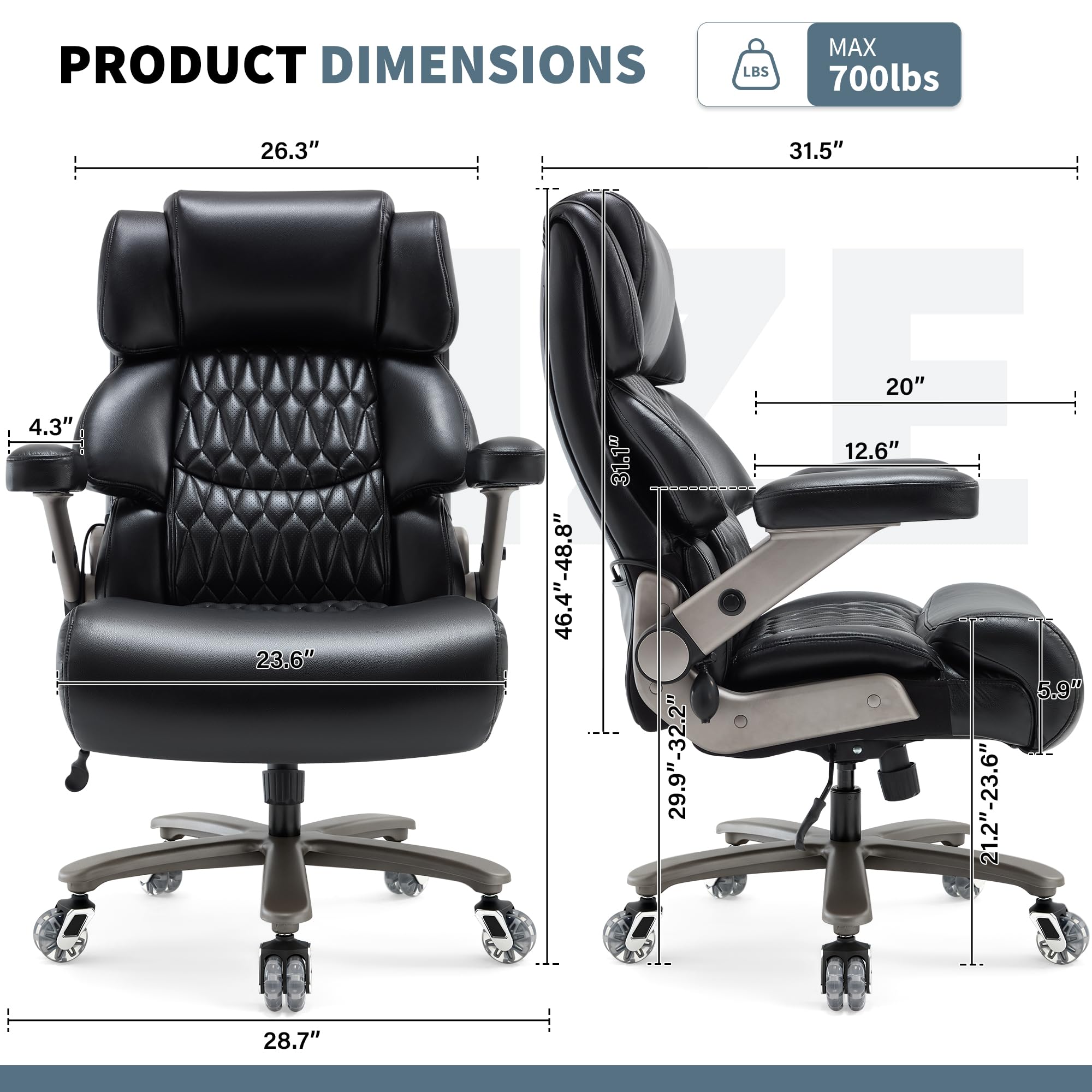 Big and Tall Office Chair 700lbs- Large High Back Executive Computer Desk Chair with 3D Flip-Up Arms, Adjustable Lumbar Support, Extra Wide Plus Size Seat, Heavy Duty Metal Base & Quiet Rubber Wheels