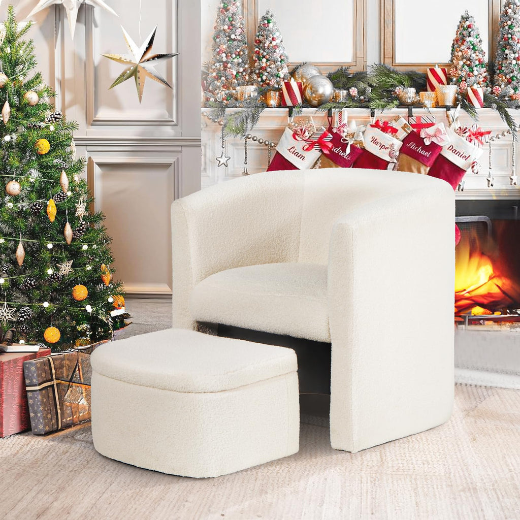 Upholstered Sherpa Barrel Accent Chair with Storage Ottoman, Morden Living Room Side Chair, Single Sofa Armchair with Lounge Seat for Bedroom/Office/Reading Spaces, Cream