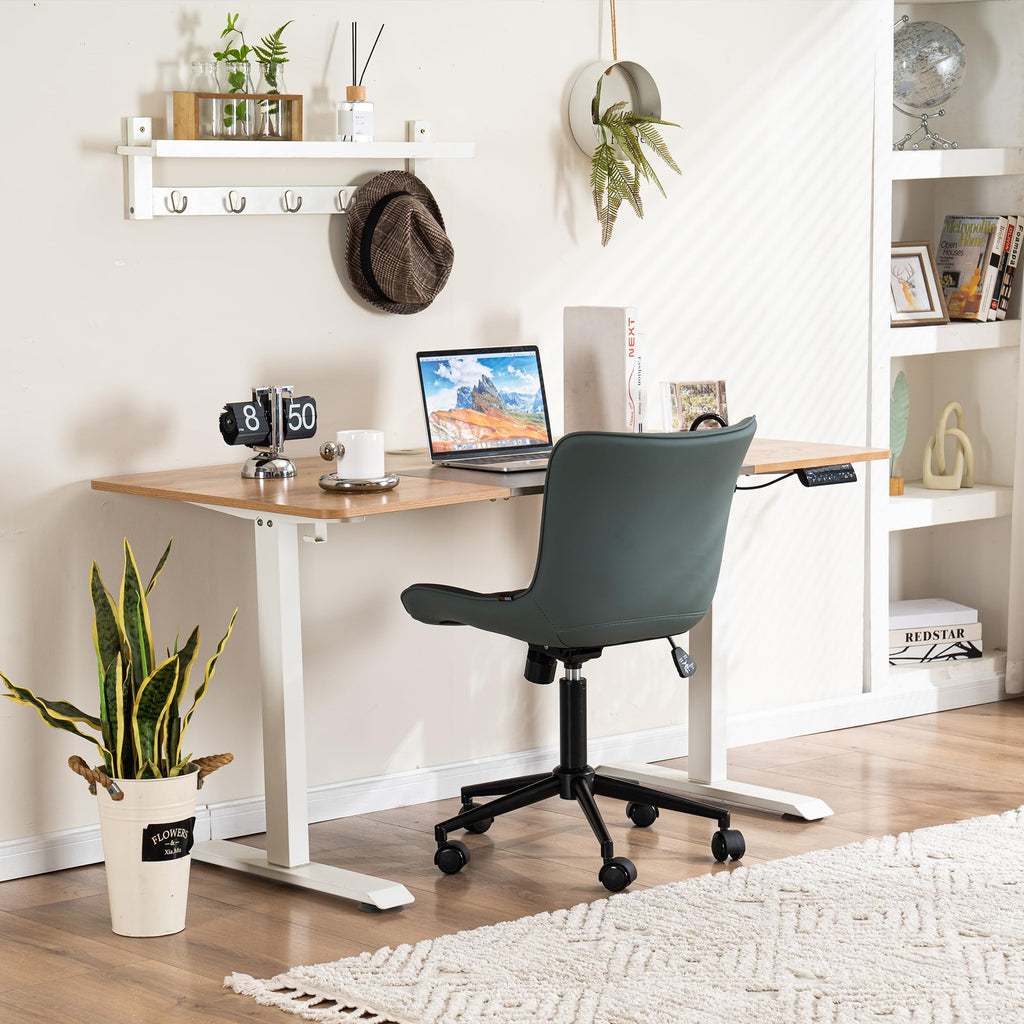 Ergonomic Armless Office Chair Faux Leather Small Cute Desk Chair with 12° Rocking Back Adjustable Height Swivel Vanity Chair Compact Computer Rolling Task Chair for Small Spaces Greyish Green