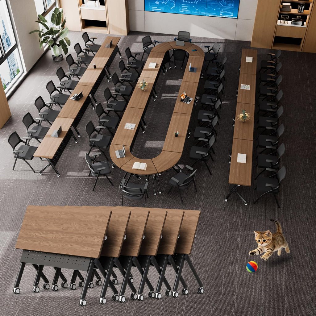 Conference Room Tables White,Folding Rectangular Flip Top Conference Table with Wheels for Large Meeting Seminar Home Office Classr (8, Walnut Black, 61in)