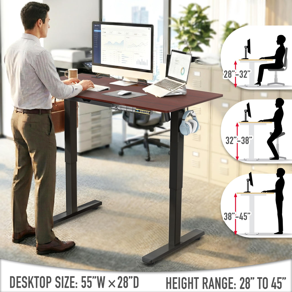 55 x 28 Inches Electric Height Adjustable Standing Desk with Drawer and Memory Preset, Cherry