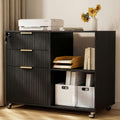 3 Drawer Fluted Mobile Filing Cabinet with Lock, Lateral Rolling Under Desk File Cabinet, Wooden Printer Stand Table for Home Office Essentials Storage Organization Furniture Letters/A4(Black)