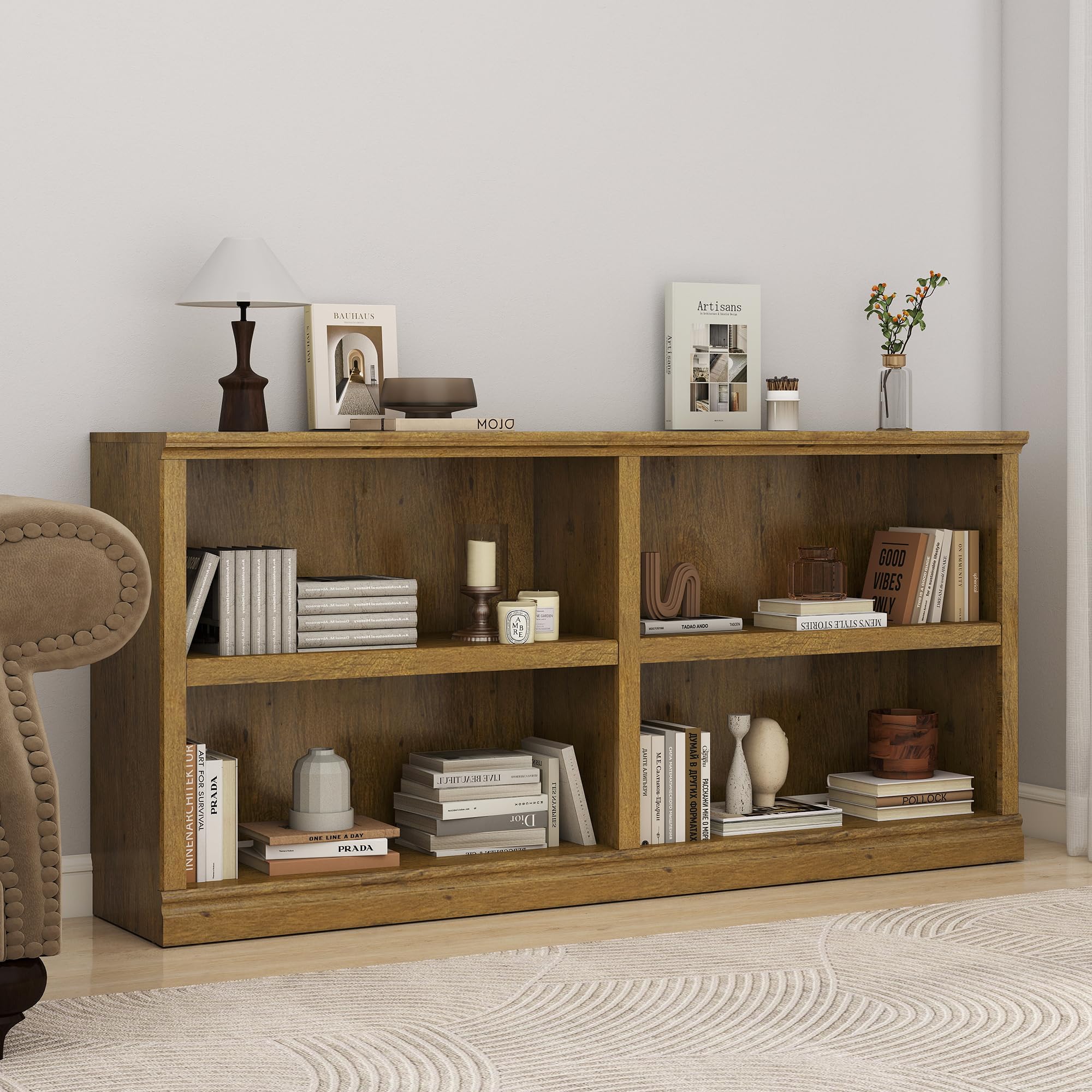 64" W Double Wide Open Shelf Bookcase, 2 Tiers 4 Storage Cube Book Case