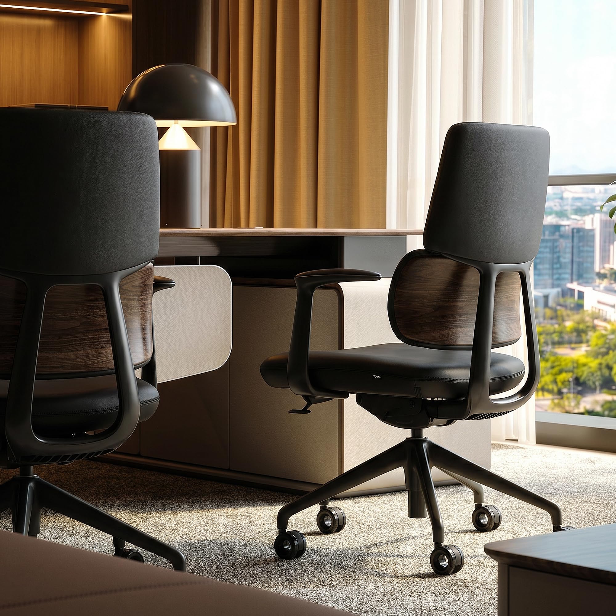 Genuine Leather Office Desk Chair, Ergonomic Leather Office Chair Mid Back, Upgraded Wood Grain Finish and S Curve Back with Solid Aluminum Frame, Luxury and Mordern