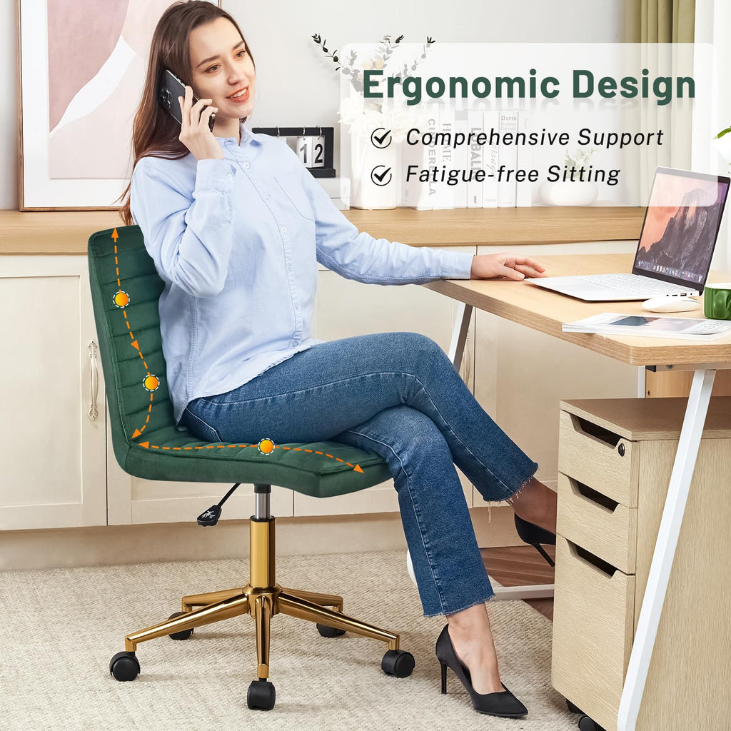 Armless Vanity Chair with Wheels, Computer Rolling Desk Chair with Back Soft Velvet Fabic Height Adjustable Gold Metal Base Swivel Stool Chairs,DarkGreen