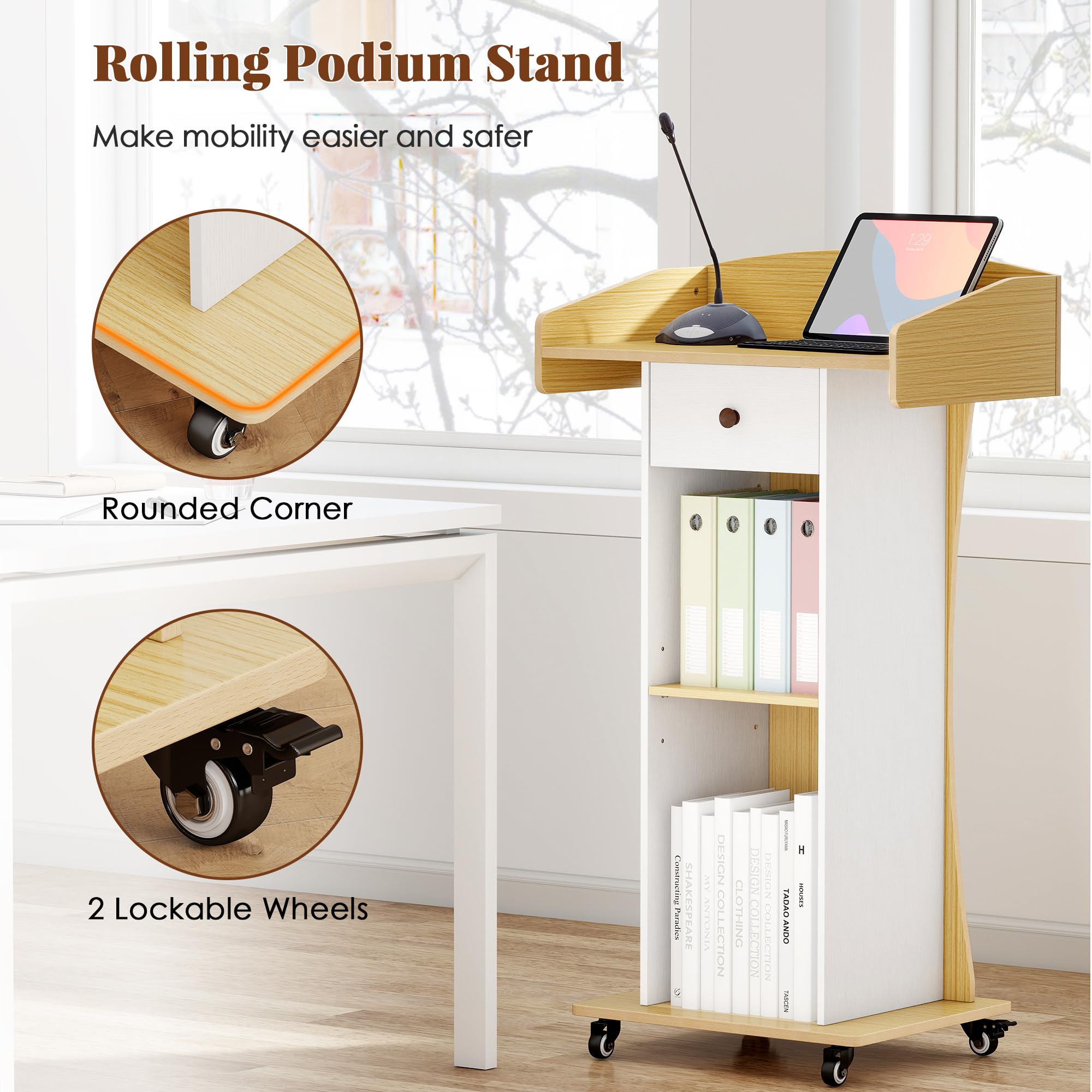 Podium Stand with Metal Wheels Wooden Teacher Lectern Portable Pulpit Standing with Drawer and Adjustable Shelf Mobile Rolling Reception Podiums for Church Office Classroom Lecture Meeting,White+Oak