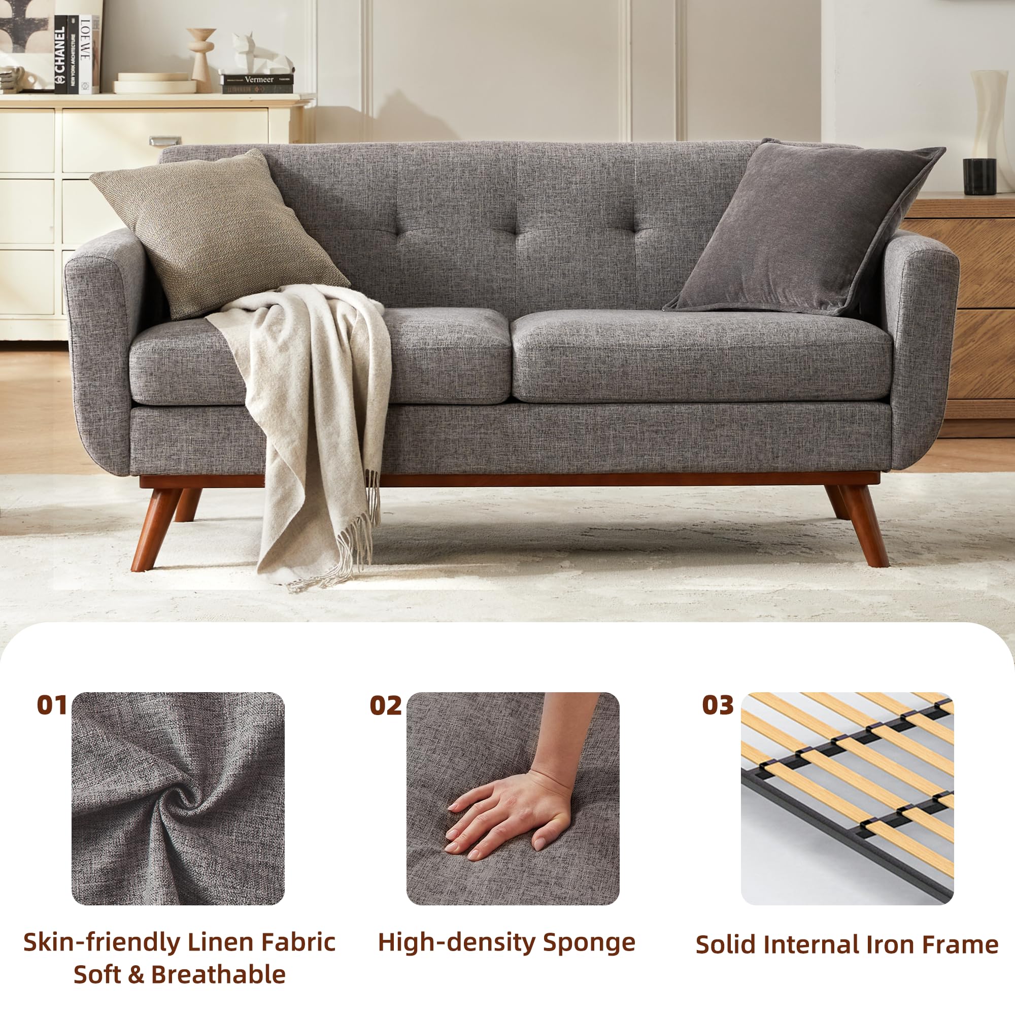 65.2" W Loveseat Sofa, Solid & Easy to Install Small Couch for Bedroom Office Apartment, Grey