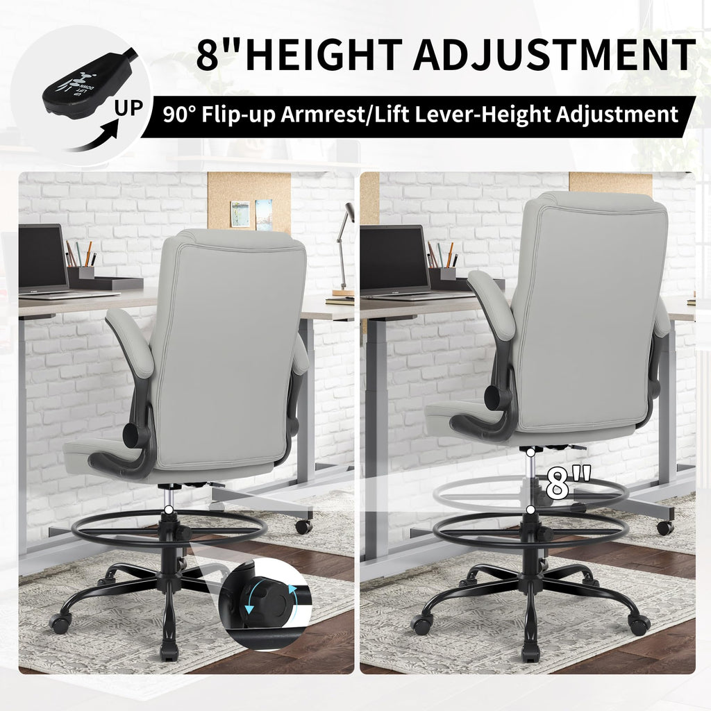 Drafting Chair, Tall Office Chair for Standing Desk, Standing Chair with Adjustable Height and Flip-up Armrest, Leather Drafting Chair, High Office Chair for Counter Height Desk