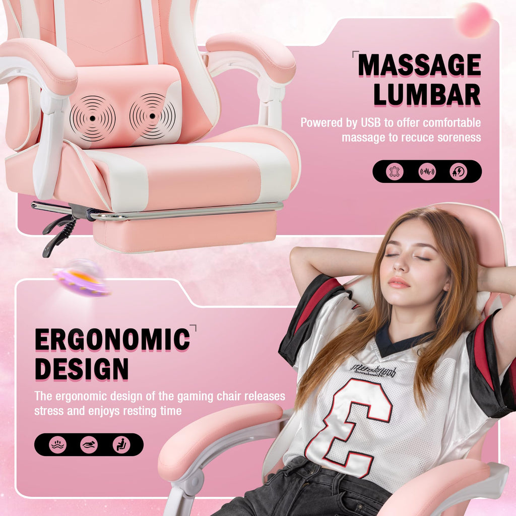 Gaming Chair, Video Game Chair with Footrest and Massage Lumbar Support, Ergonomic Computer Chair Height Adjustable with Swivel Seat and Headrest (Pink)