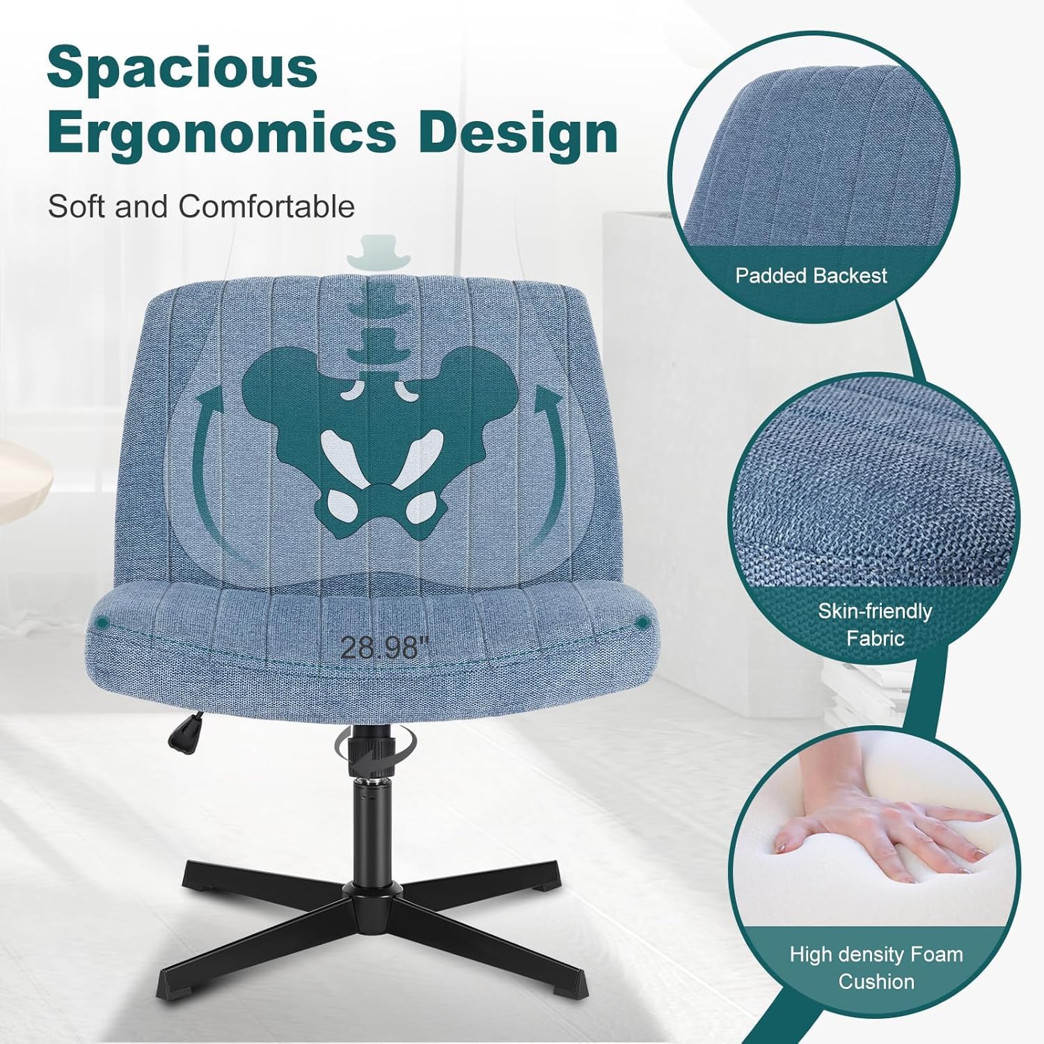 Criss Cross Legged Chairs Armless No Wheels Wide Seat Height Adjustable Swivel Padded Fabric Home Office Desk Seating for Bedroom, Student, Study Room