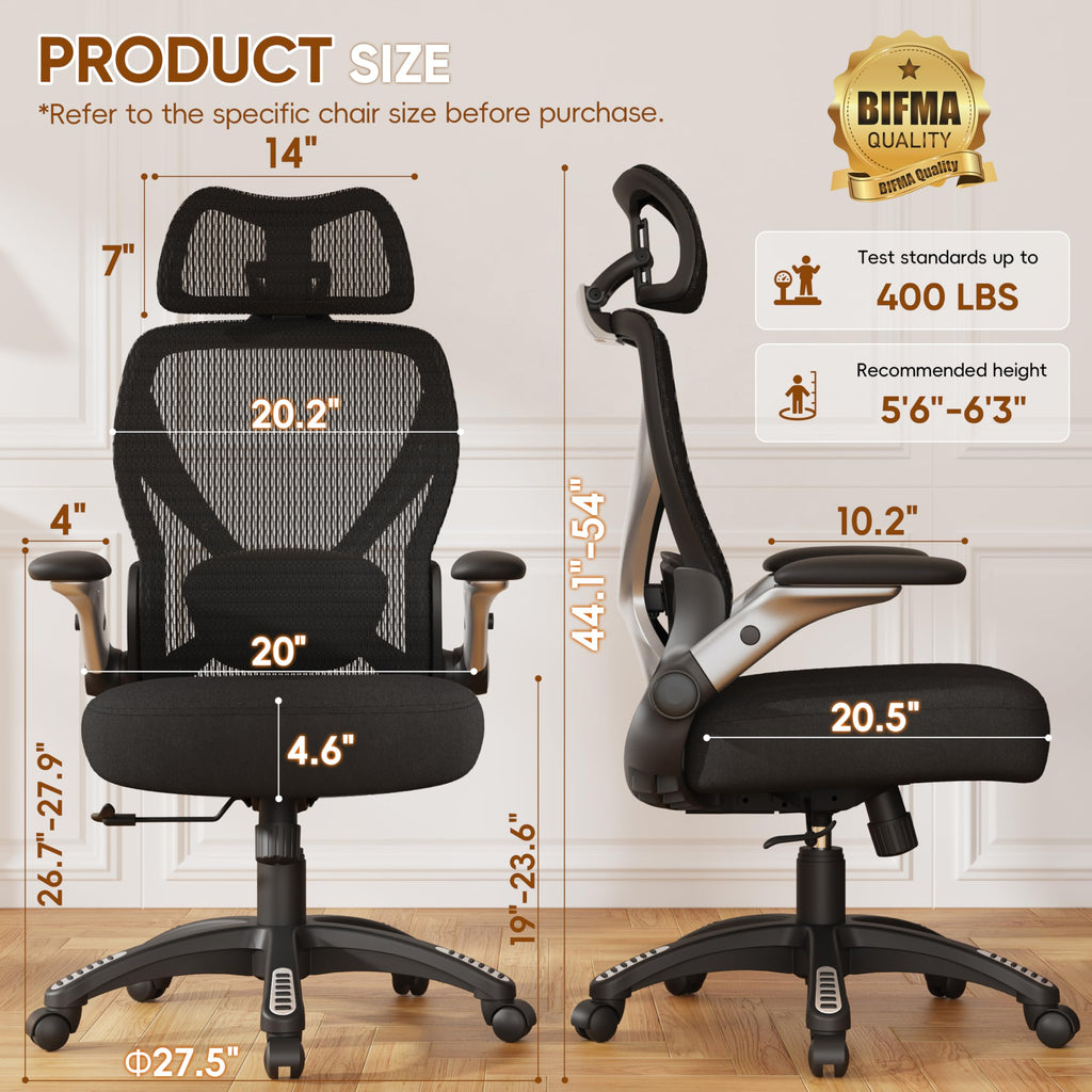 Ergonomic Office Chair, Big and Tall Mesh Chair with Adjustable Lumbar Support, 5D Arms & Wide Seat, 135° Recline Home Desk Computer Chairs for Work Gaming, Heavy Duty,400LBS - Black