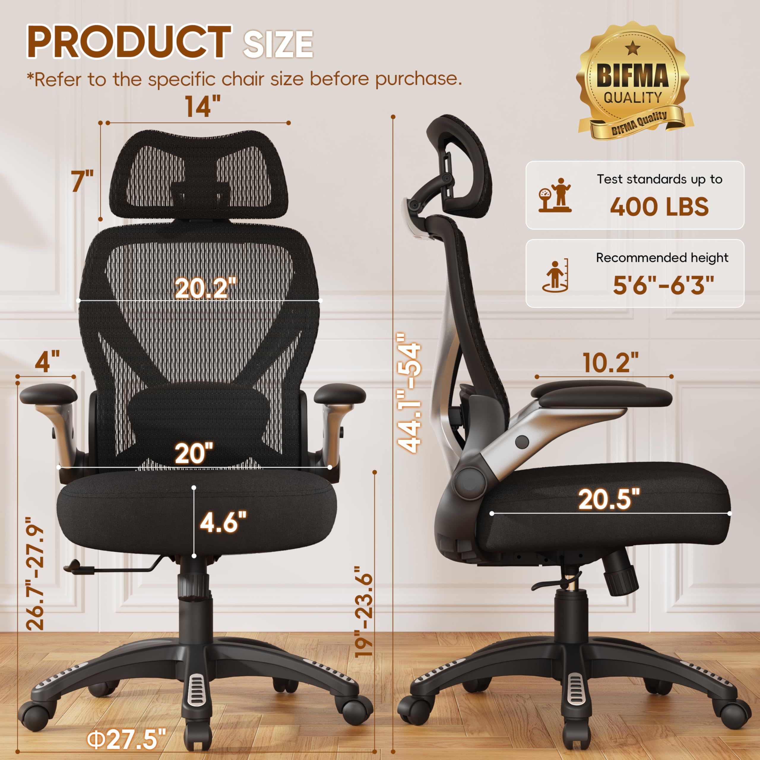 Ergonomic Office Chair, Big and Tall Mesh Chair with Adjustable Lumbar Support, 5D Arms & Wide Seat, 135° Recline Home Desk Computer Chairs for Work Gaming, Heavy Duty,400LBS - Black