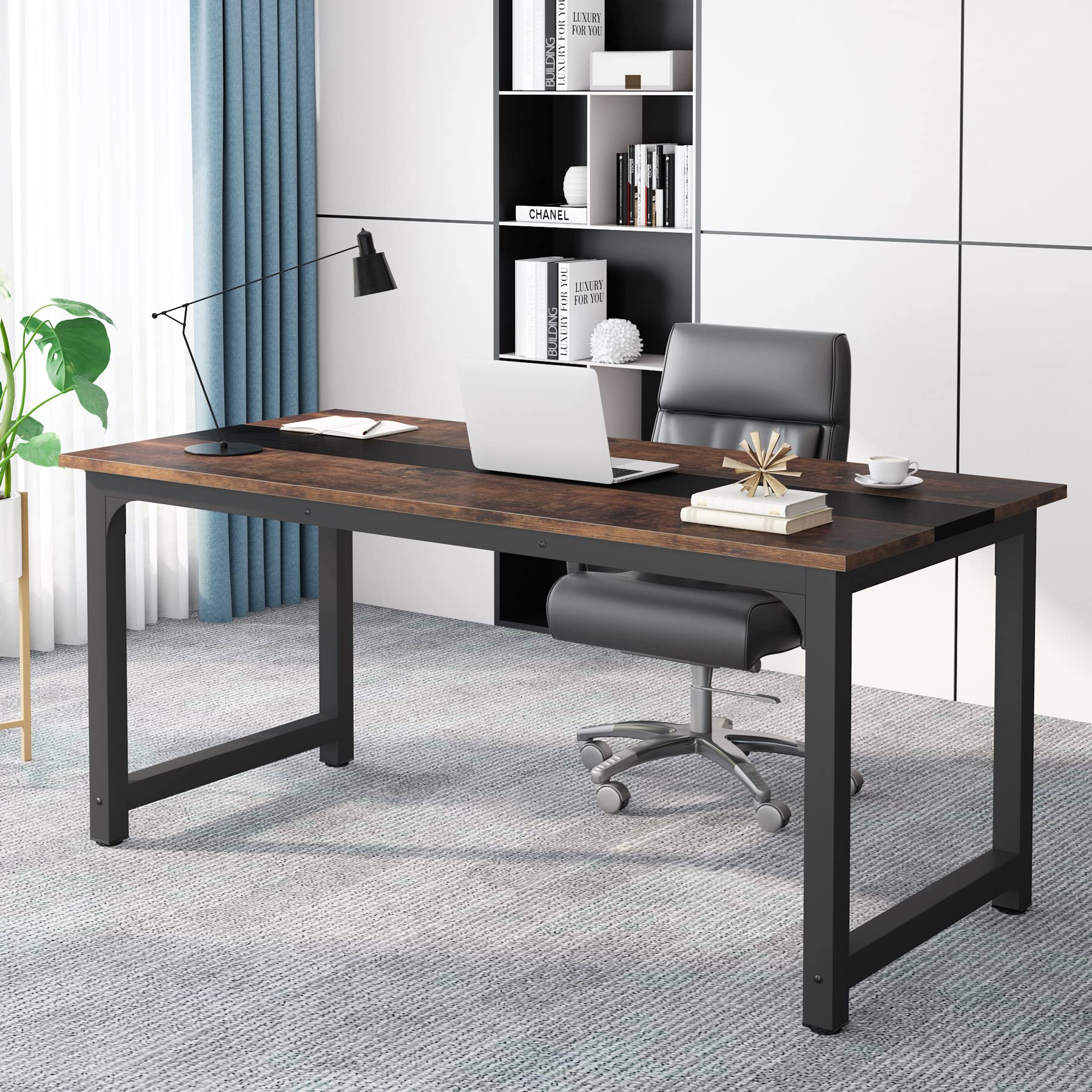 70.8”Executive Desk, Large Office Computer Desk with Thicken Frame, Modern Simple Workstation Business Furniture for Home Office, Vintage Brown/Black