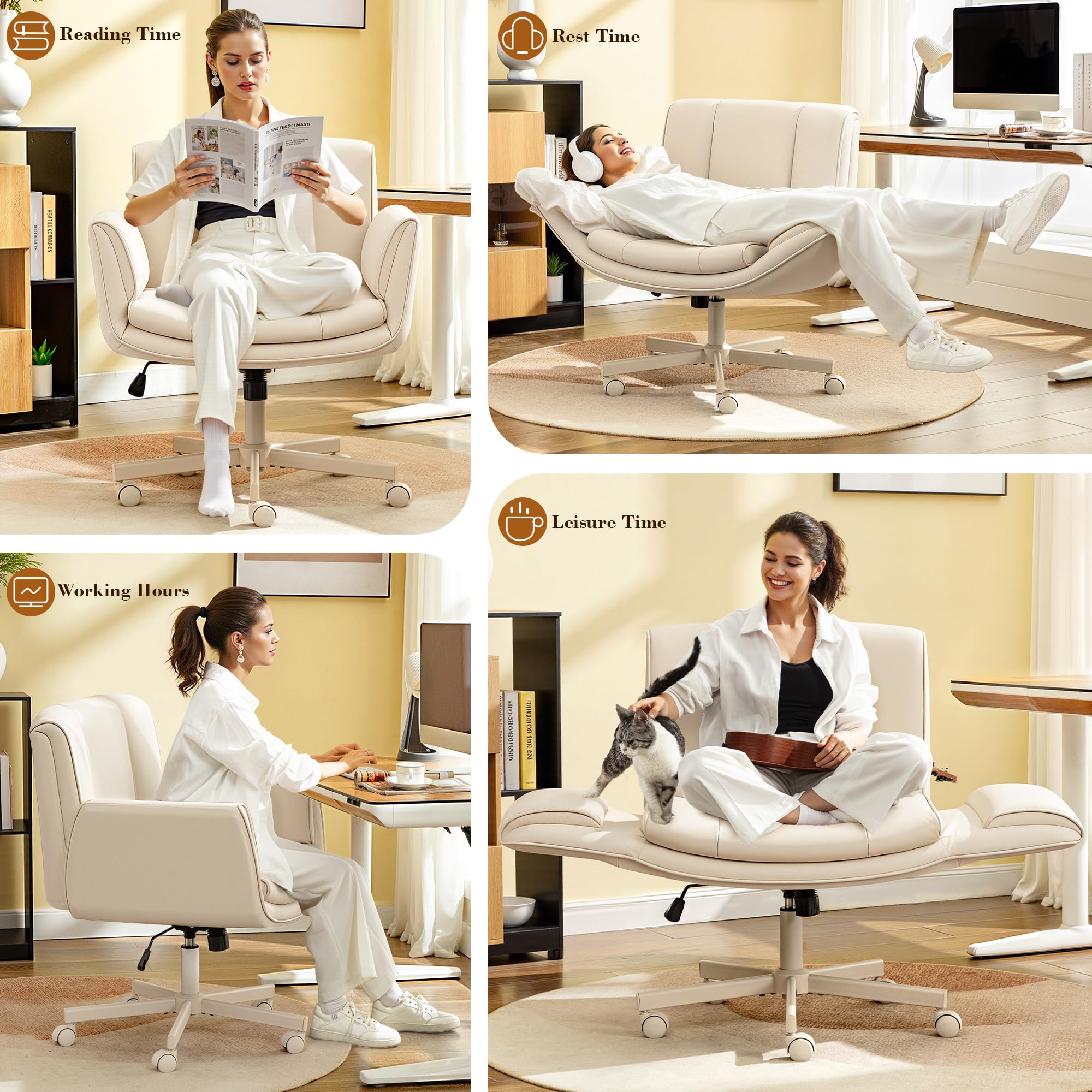 Criss Cross Chair with Wheels & Armrests,Comfy Wide Vanity Chair,Scratch-Resistant Pu Leather Cross Legged Desk Chair,Height Adjustable Computer Office Desk Chairs for Home,Makeup,Bedroom