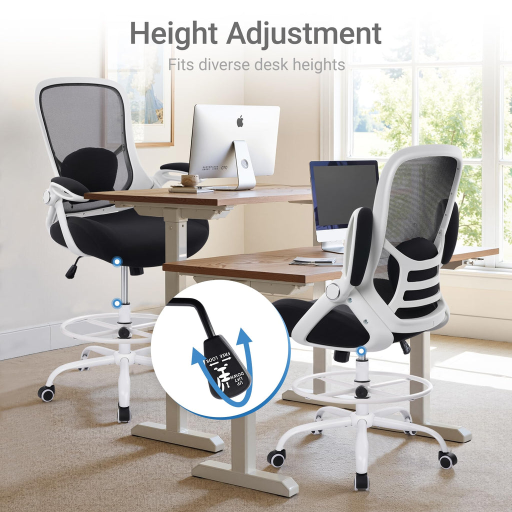 400lbs Heavy Duty Drafting Chair 5" Thickened Seat Office Chair with Flip-Up Armrests Tall Ergonomic Computer Chair with Lumbar Support and Adjustable Footrest Ring Standing Desk Chair (Black)