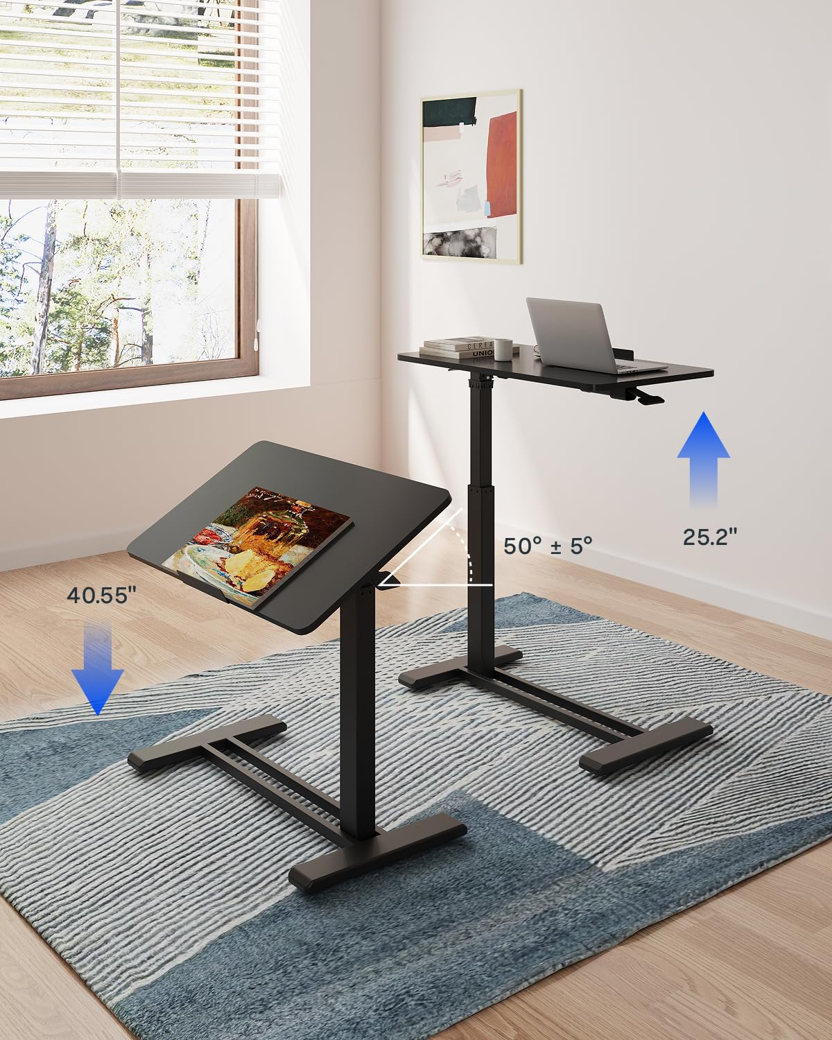 H7 PRO Mobile Standing Desk Adjustable Overbed Table Pneumatic with Wheels 55°Tiltable Portable Laptop Desk Rolling Computer Cart Foldable Bedside Table(27.6" W x 15.7" D, Black)