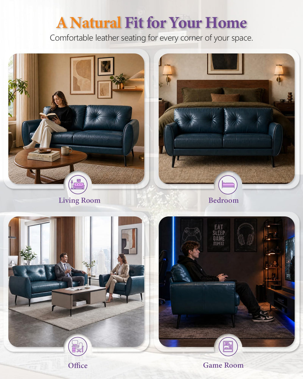 Sofa Couch 61" Small Loveseat Couches for Living Room Leather Couch Mid Century Modern Tufted Mini Sofa Comfy Office 2 Seat Settee Love Seat Small Couches for Bedroom (3, Blue)
