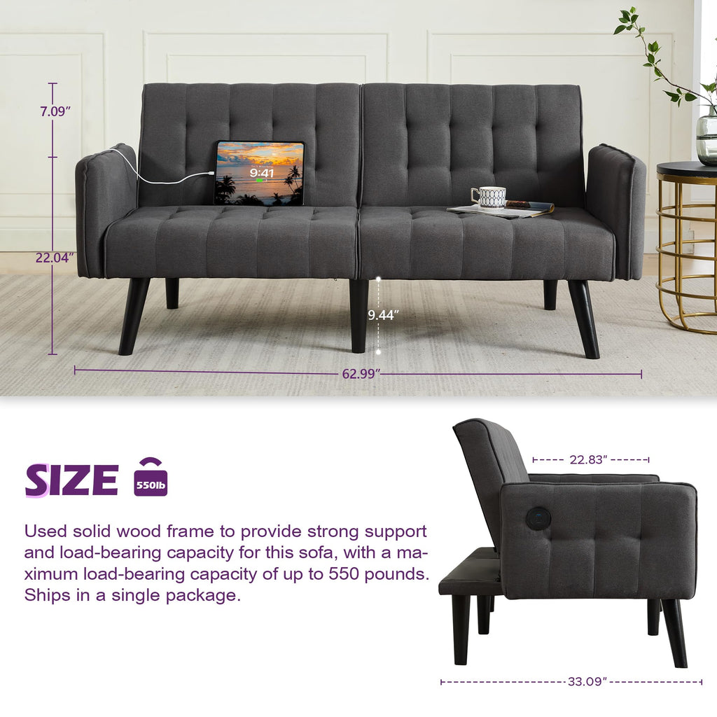 65“ Convertible Futon Sofa Bed w/ 2 USB, Upholstered Tufted Small Adjustable Folding Couch Loveseat, Modern Mid Century Sleeper Sofa for Office, Living Room, Bedroom, Apartment (Dark Grey)