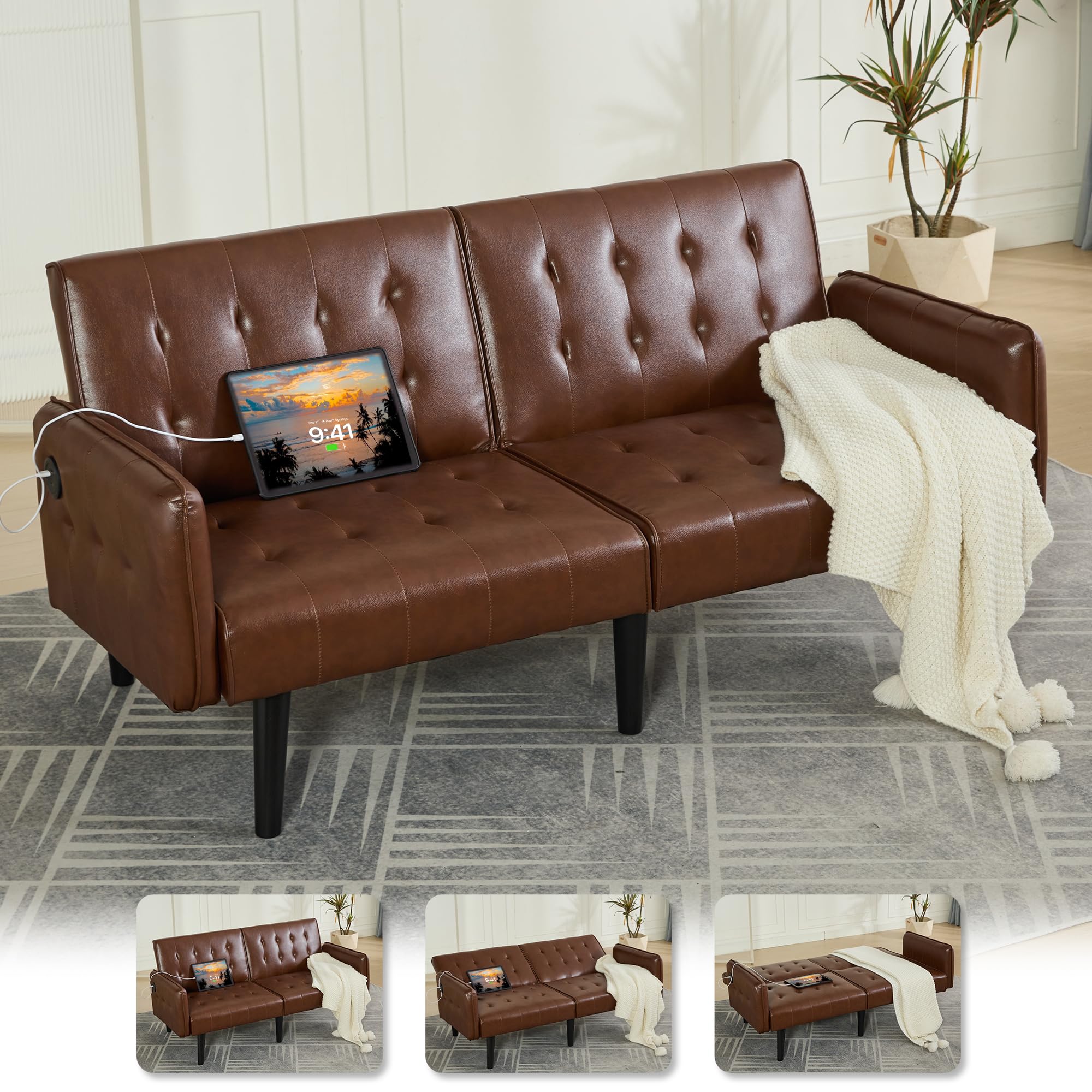 65“ Convertible Futon Sofa Bed w/ 2 USB,Tufted Small Adjustable Folding Couch Loveseat, Modern Mid Century Faux Leather Sleeper Sofa for Office, Living Room, Bedroom, Brown