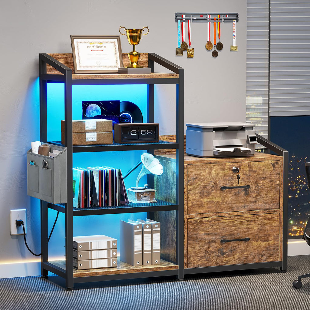 35.4” File Cabinet, Filing Cabinet fits Letter/A4 Size, 2 Drawe File Cabinets for Home Office with Power Strip, LED Lights, Lock, Open Shelf, Rustic Brown