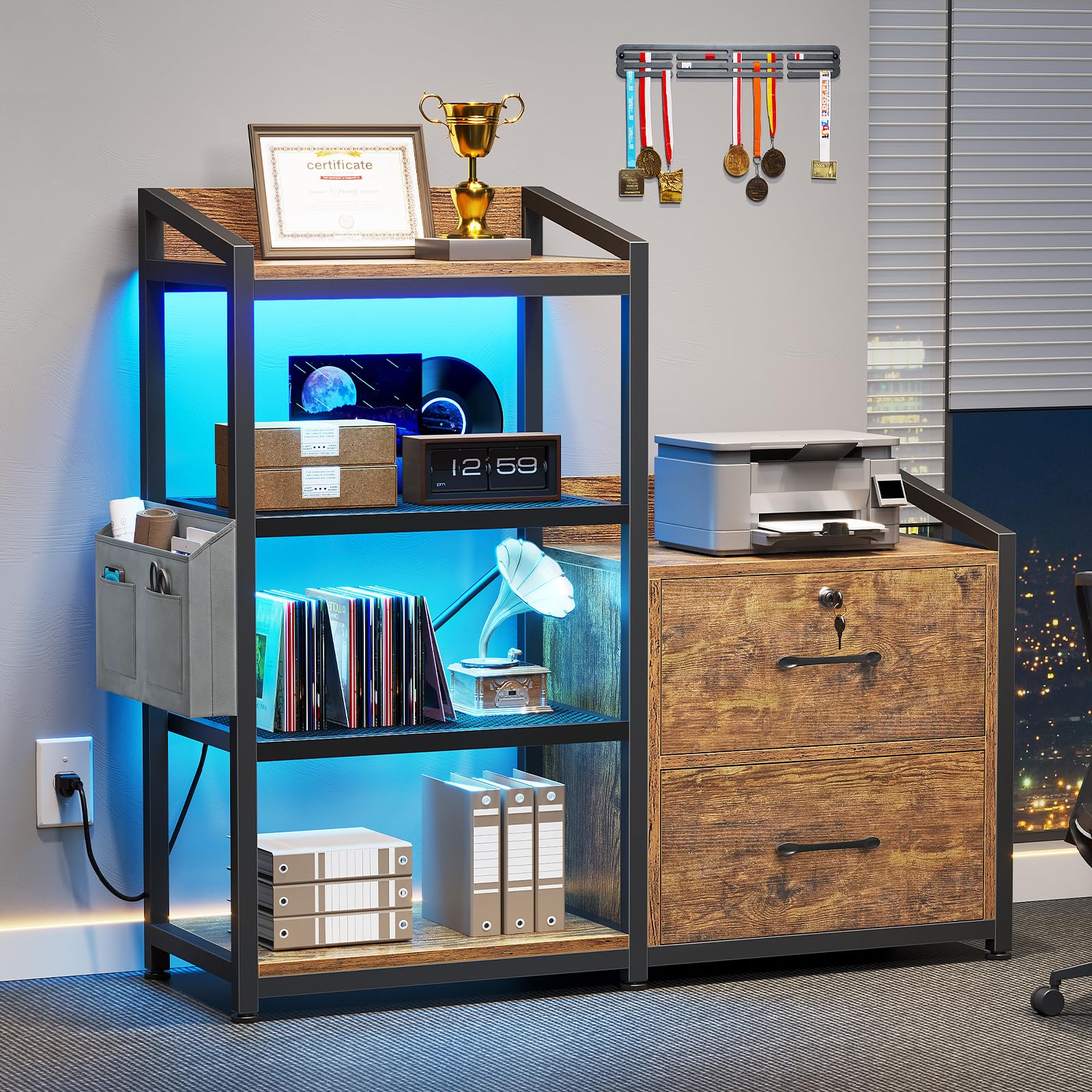 35.4” File Cabinet, Filing Cabinet fits Letter/A4 Size, 2 Drawe File Cabinets for Home Office with Power Strip, LED Lights, Lock, Open Shelf, Rustic Brown
