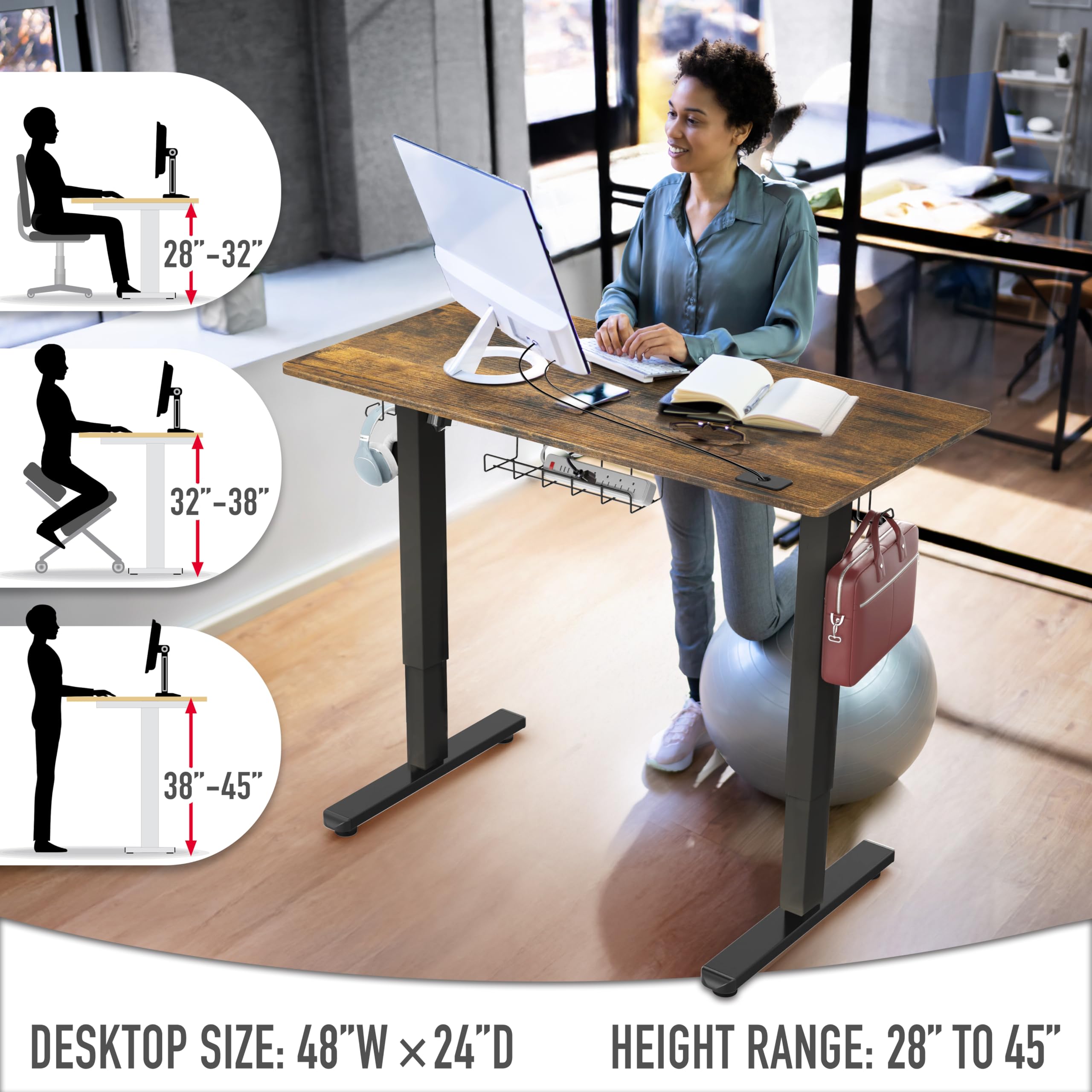 48-Inch Electric Height Adjustable Standing Desk with Drawer, Memory Preset and Cable Management Tray, Rustic Brown