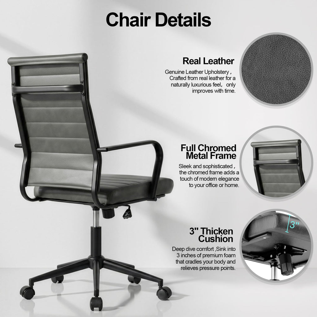 Genuine Leather Office Desk Chair, Mid-Century Modern Real Leather Conference Room Chairs, Ergonomic Executive Ribbed Height Adjustable Swivel Rolling Chair for Home Office.