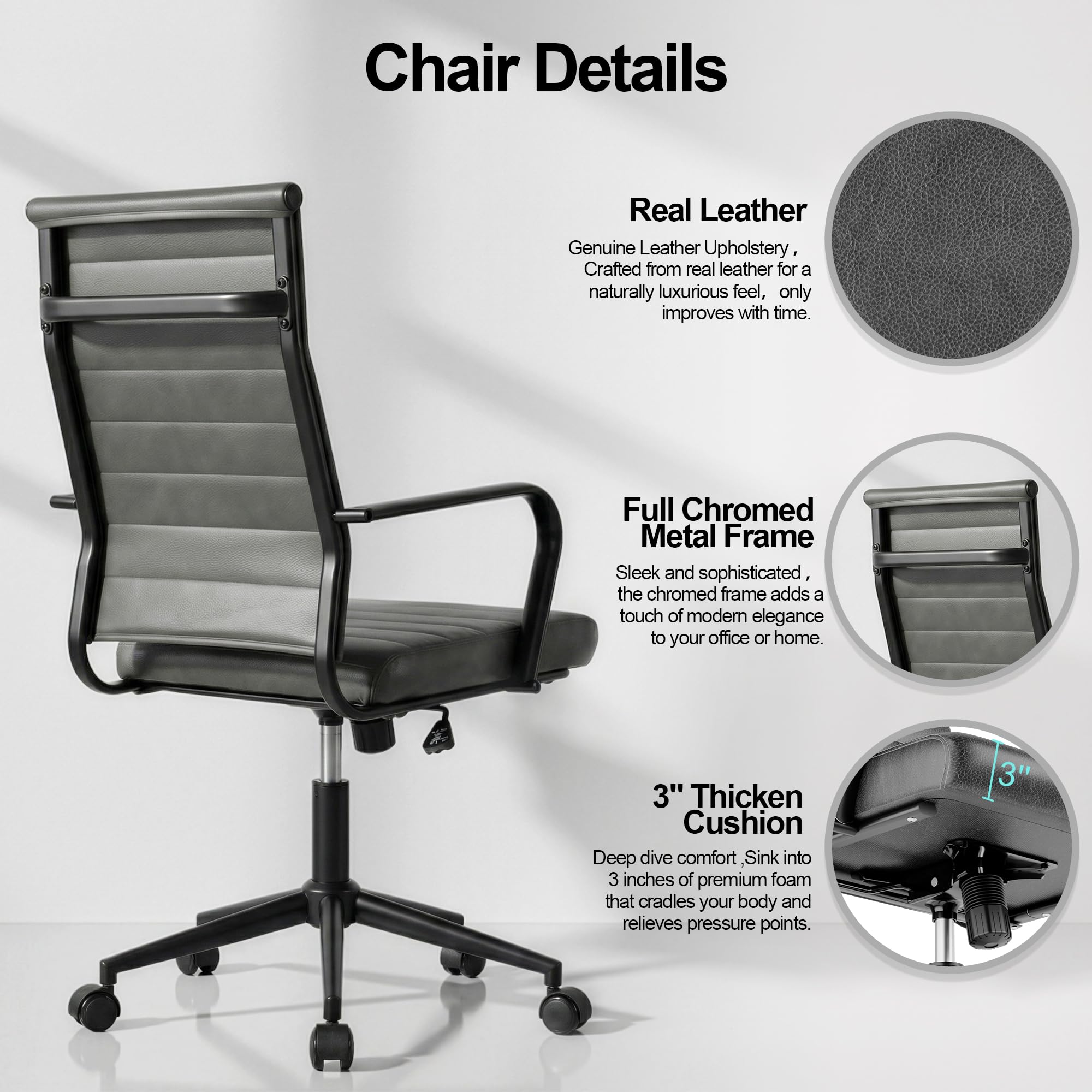 Genuine Leather Office Desk Chair, Mid-Century Modern Real Leather Conference Room Chairs, Ergonomic Executive Ribbed Height Adjustable Swivel Rolling Chair for Home Office.