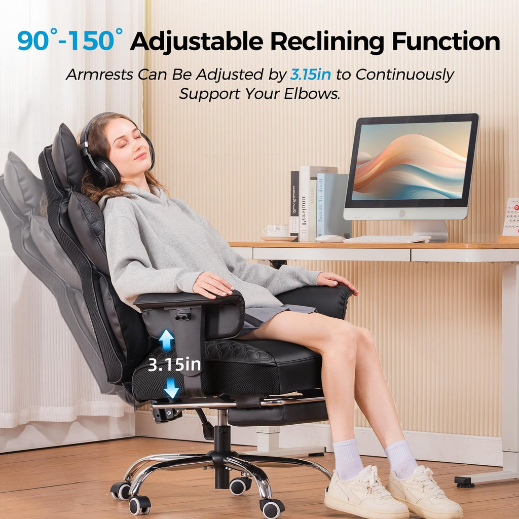 COMHOMA Big and Tall Office Chair Heavy Duty Wide Ergonomic Gaming Chair with Deluxe Embossing Designed Leather with Foot Rest,150°Reclining Adjustable Armrests Pocket Spring Back Support and Pillow