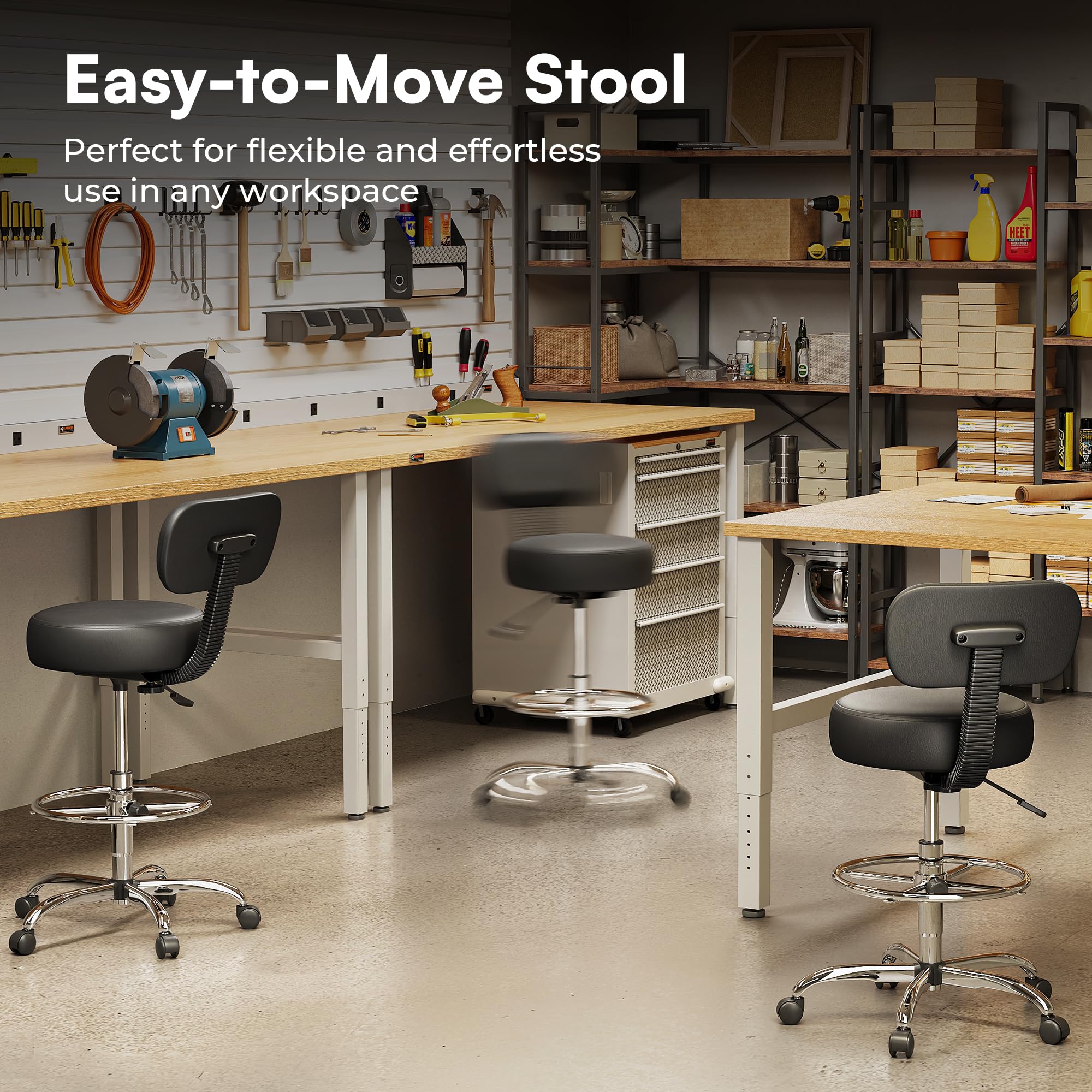 Drafting Chair with Back, Adjustable Foot Rest Rolling Stool, Multi-Purpose Office Desk Chair, Thick Seat Cushion for Home Bar Kitchen Shop - Black
