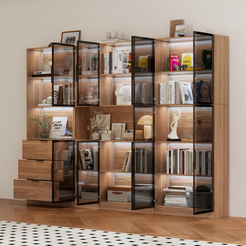 78.7" H Tall Bookcase Storage Cabinet with LED Lights and Drawers, 5 Tier Wood Storage Shelves with Glass Doors, Expandable Bookshelf Display Cabinet for Living Room, Home Office (A+C+B)