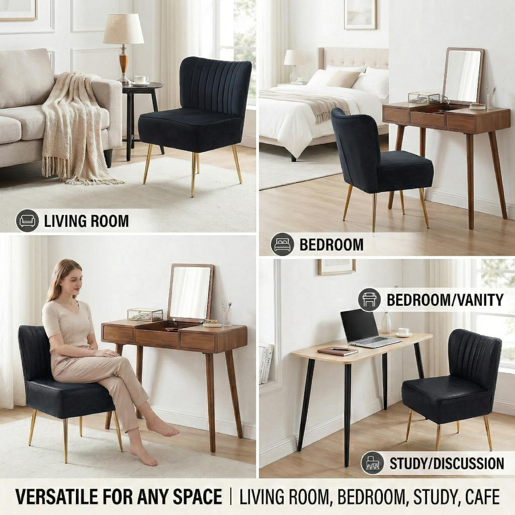 Modern Velvet Accent Chair Single 1 Pack, Comfy Slipper Chair with Heavy Duty Iron Frame & Gold Legs, Mid Century Side Sofa Chair for Living Room Bedroom Vanity（Black）