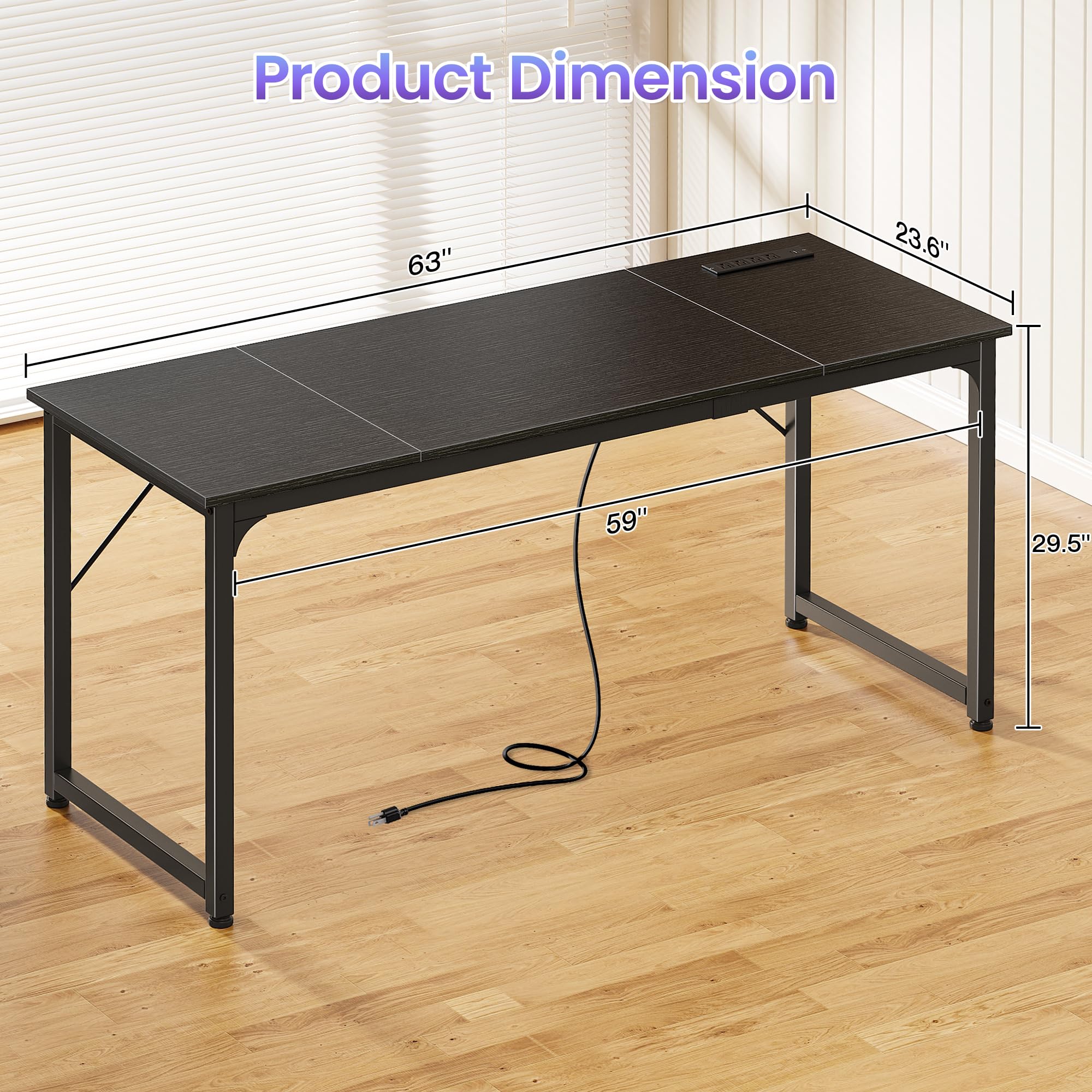 63 X 24 Inch Office Computer Desk with Power Outlets and USB-C Port, Larger and Longer Gaming Desk, for Home Office, Study, Writing Work from Home Table, Metal Frame, Black